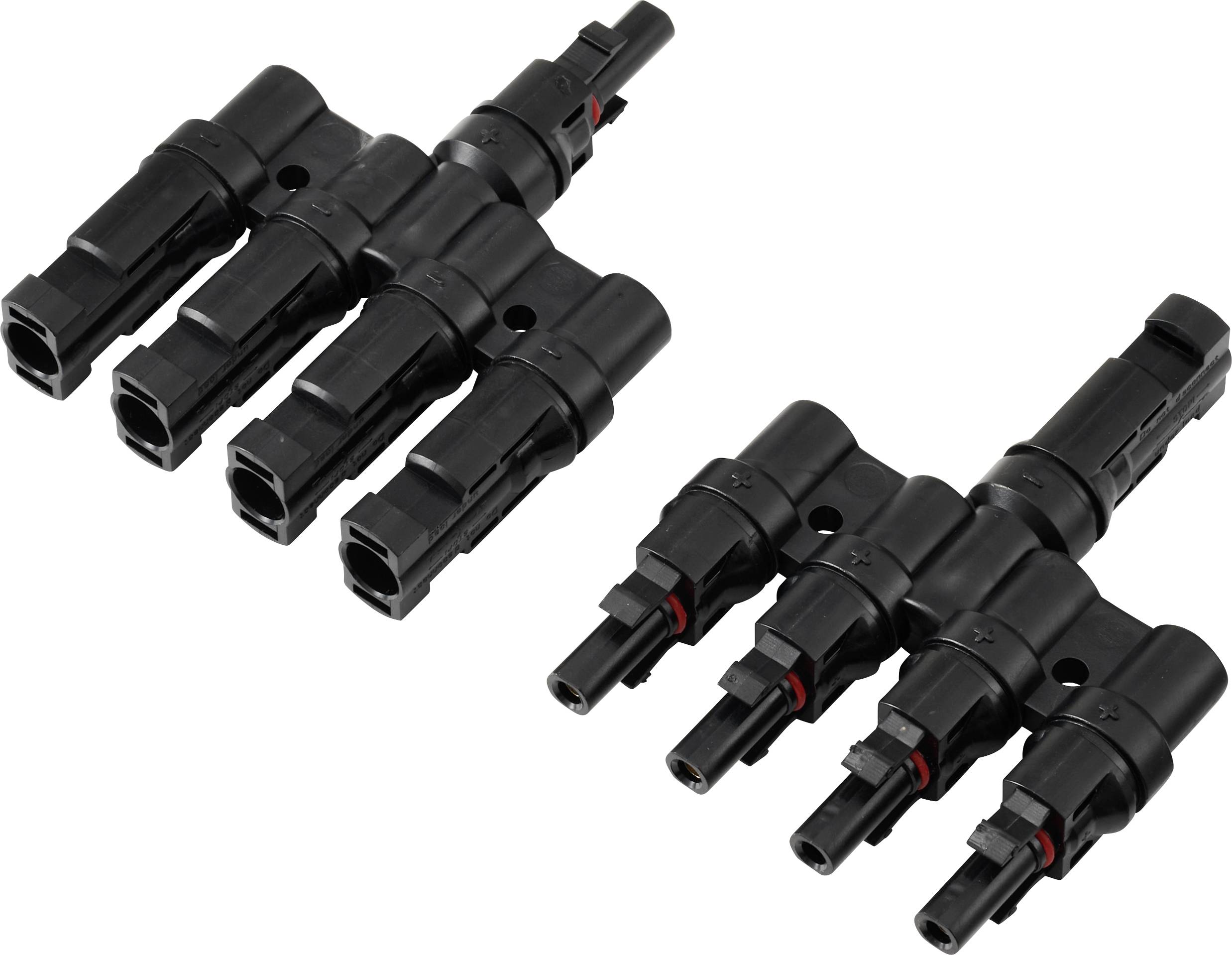 Zwei schwarze MC4 Solarmodul-Steckverbinder, einer mit drei männlichen und der andere mit drei weiblichen Anschlüssen, verwendet zum Verbinden von Solarpanels.