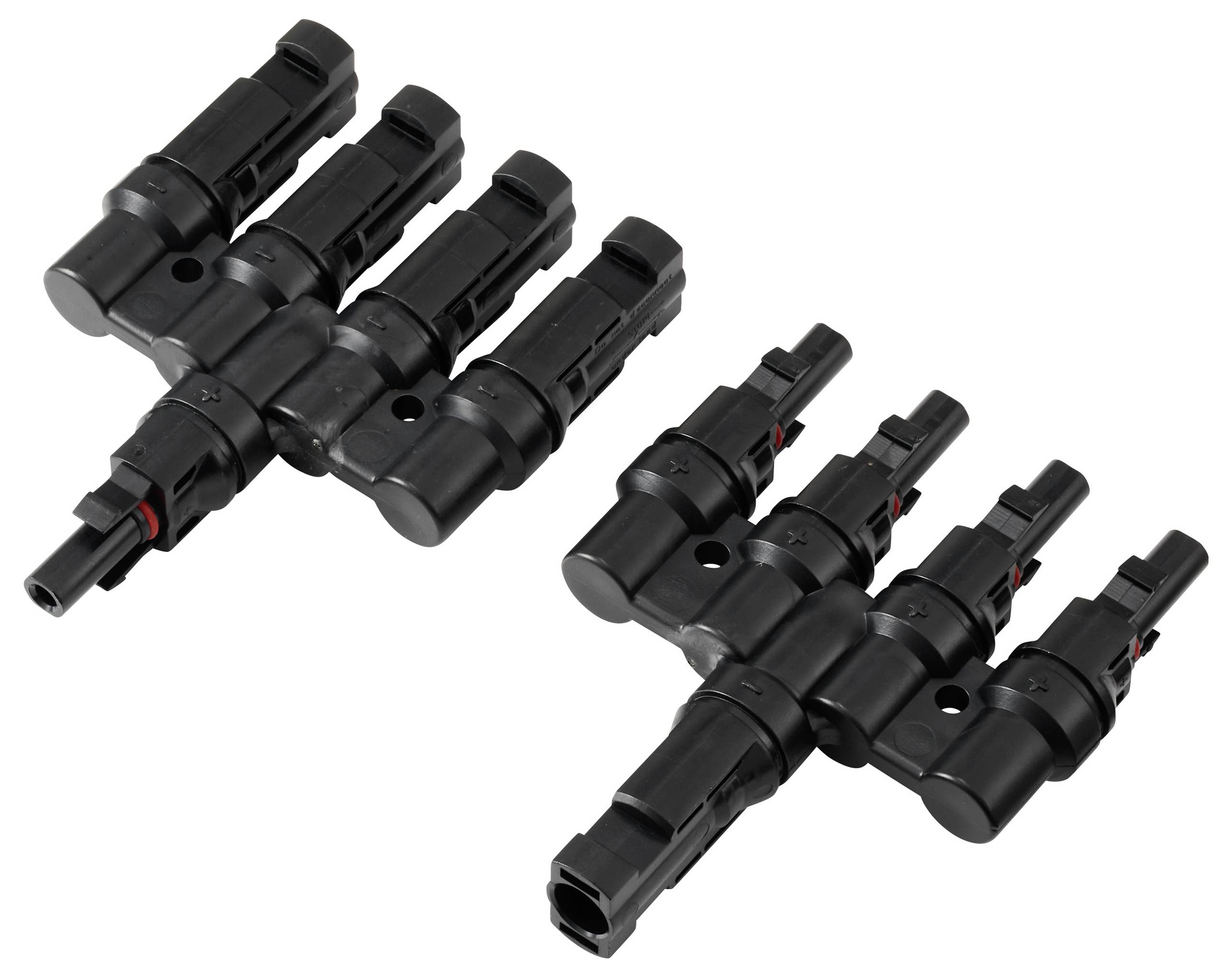 Ein Paar schwarzer 3-zu-1 Verteilerdosen, die für die Verkabelung von Solarpanels verwendet werden und zeigen, wie mehrere Eingänge in einen einzelnen Ausgang zusammenlaufen.