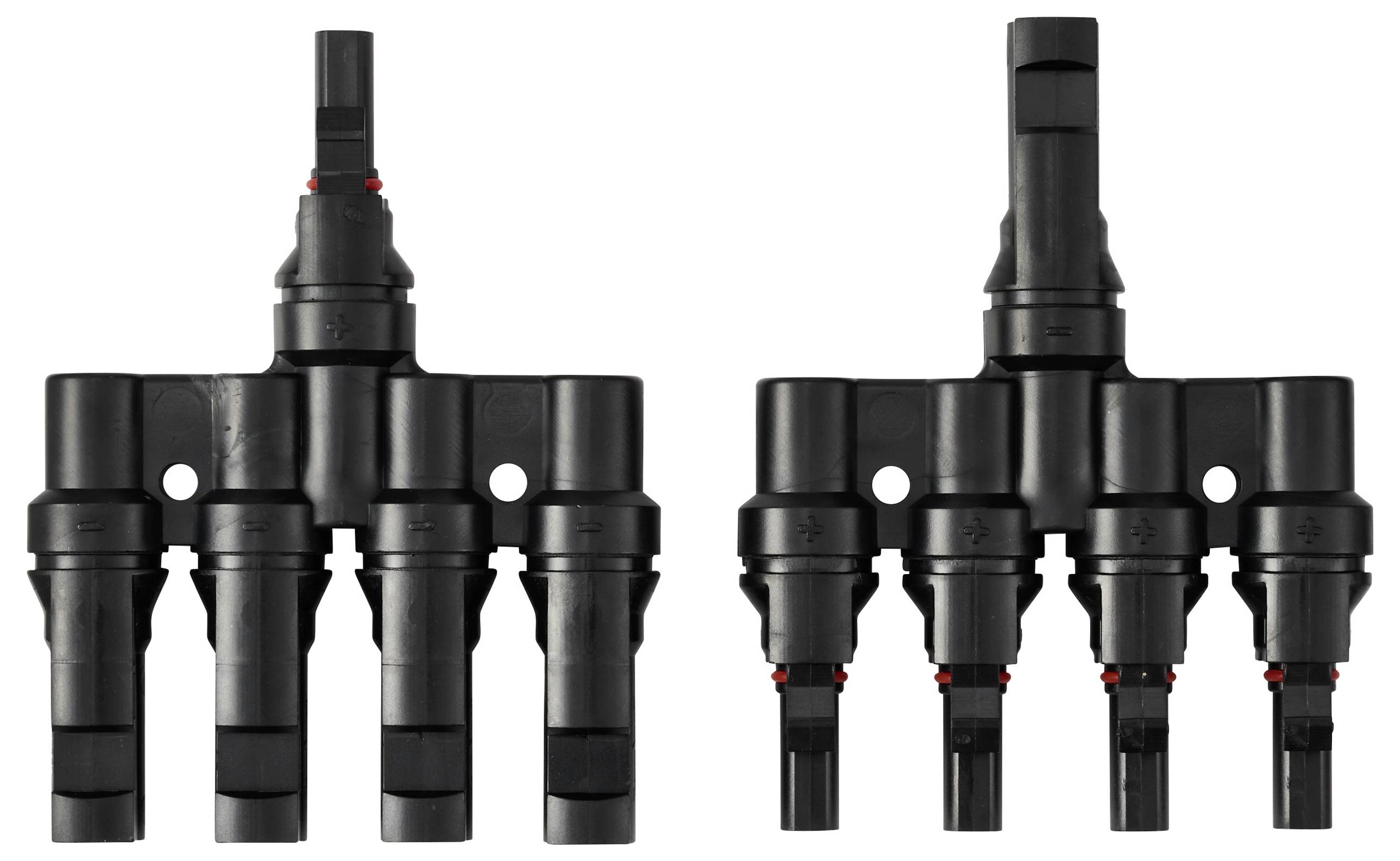Zwei schwarze Mehrfach-Verteilerverbinder mit jeweils drei Ausgängen, konzipiert für elektrische oder Solarpaneelsysteme, nebeneinander dargestellt.