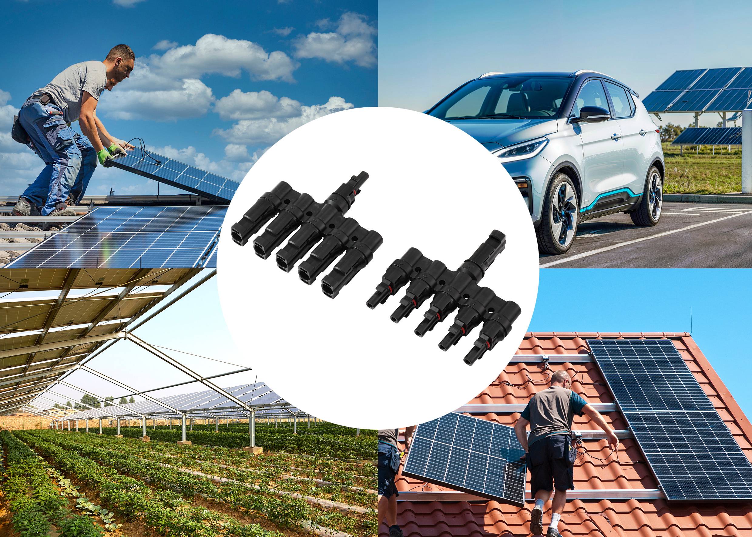 Arbeiter installieren Solarmodule auf Dächern und am Boden; Verbinder zentral dargestellt. Solarer Parkplatz sichtbar. Repräsentiert verschiedene Solaranwendungen.