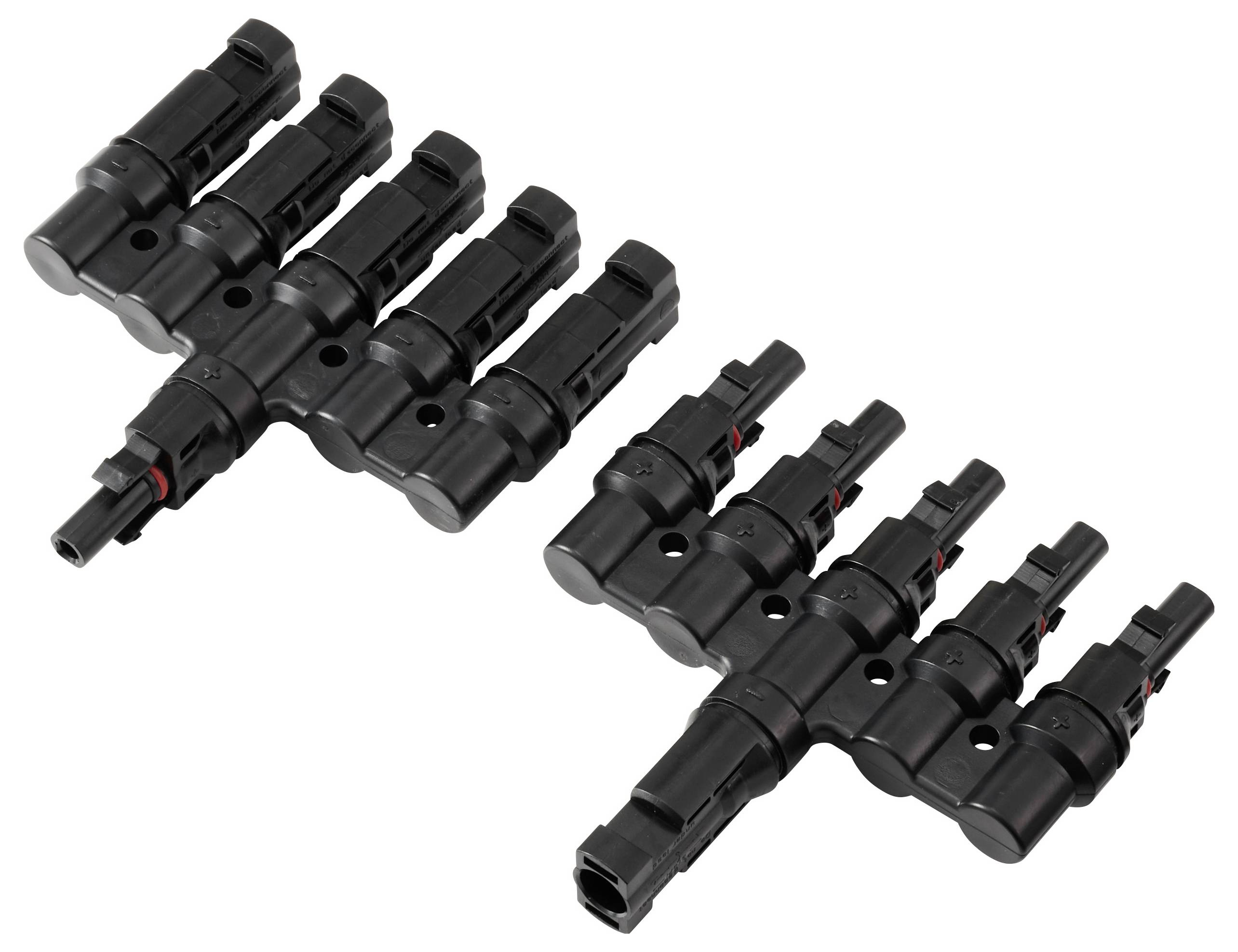 MC4-Verbinder in Parallelschaltung für Photovoltaikanlagen, die zwei Sätze von Y-Abzweigverbindern zur Verkabelung von Solarpanels zeigen.