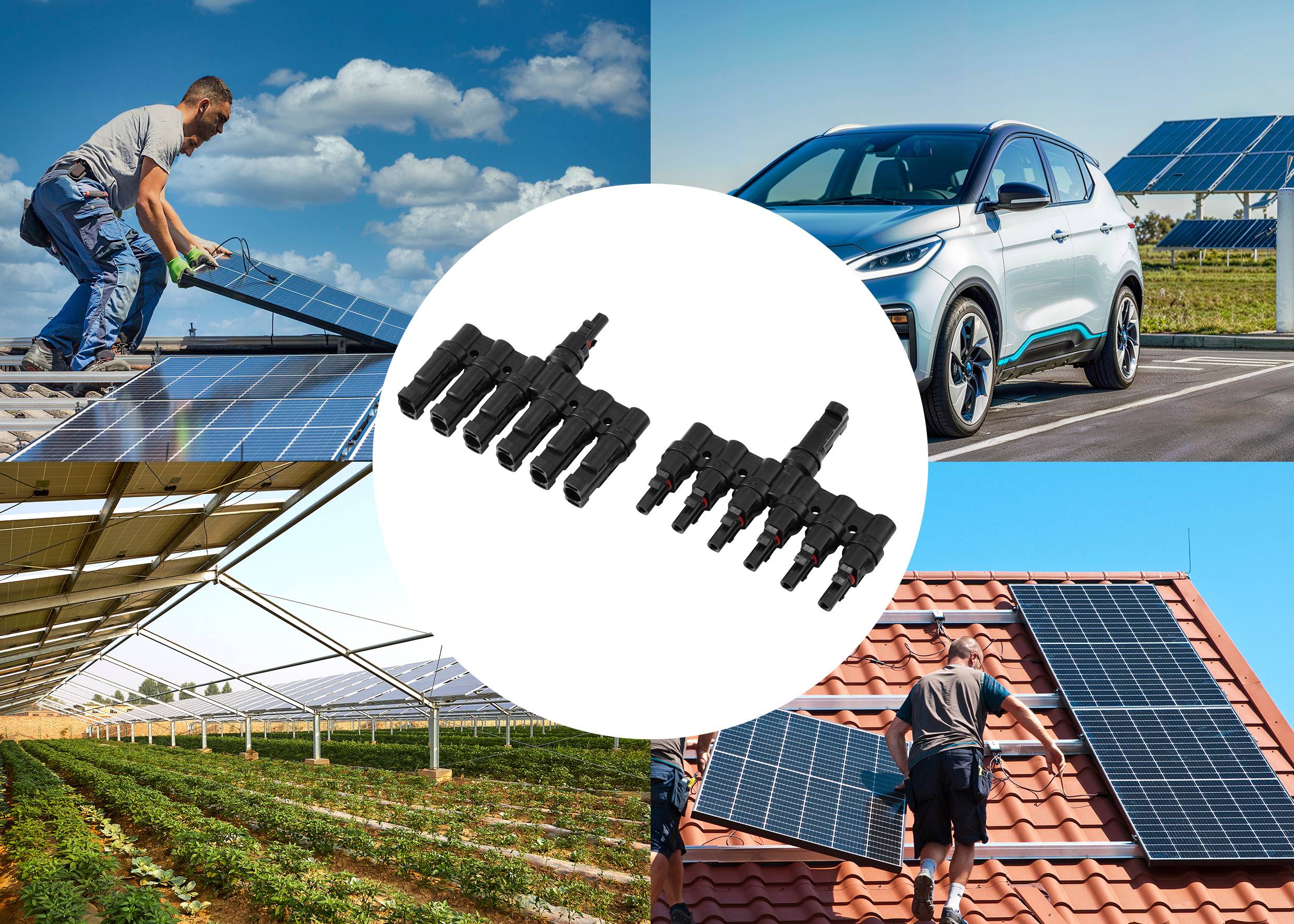 Eine Collage, die Solarpanels in verschiedenen Umgebungen zeigt: Ein Mann, der Panels auf einem Dach installiert, ein anderer auf einem gefliesten Dach, ein Solar-überdachter Parkplatz und ein Solarpark. In der Mitte ein Bild eines Solarsteckverbinders.