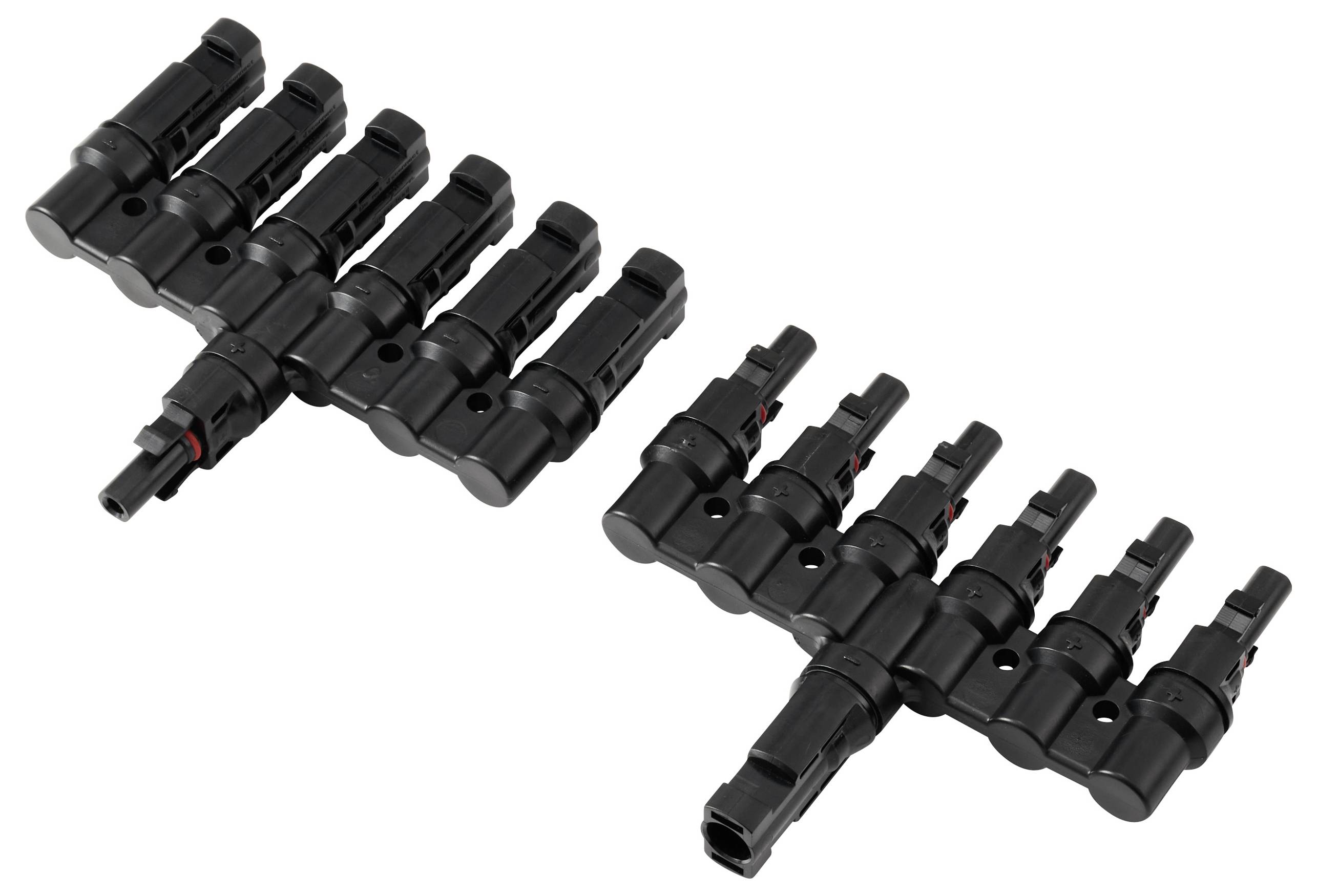 Sieben-zu-eins Solarmodul-Anschlüsse, die zwei Sätze von Anschlüssen mit mehreren schwarzen Ports zeigen, die für parallele Verdrahtungsanordnungen konzipiert sind.