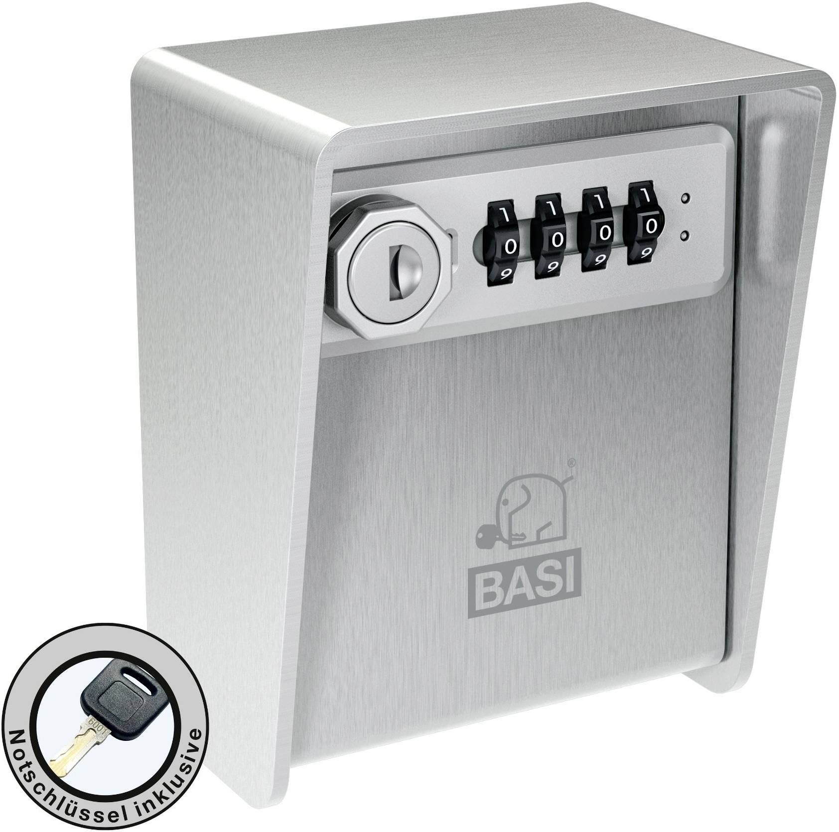 Ein silberner Kombinationsschlüsselkasten mit vier Wahlschaltern und einem Schlüsselloch, versehen mit dem Logo 'BASI'. Enthält eine runde Kennzeichnung mit dem Hinweis 'Notschlüssel inklusive' und einem Schlüsselsymbol.