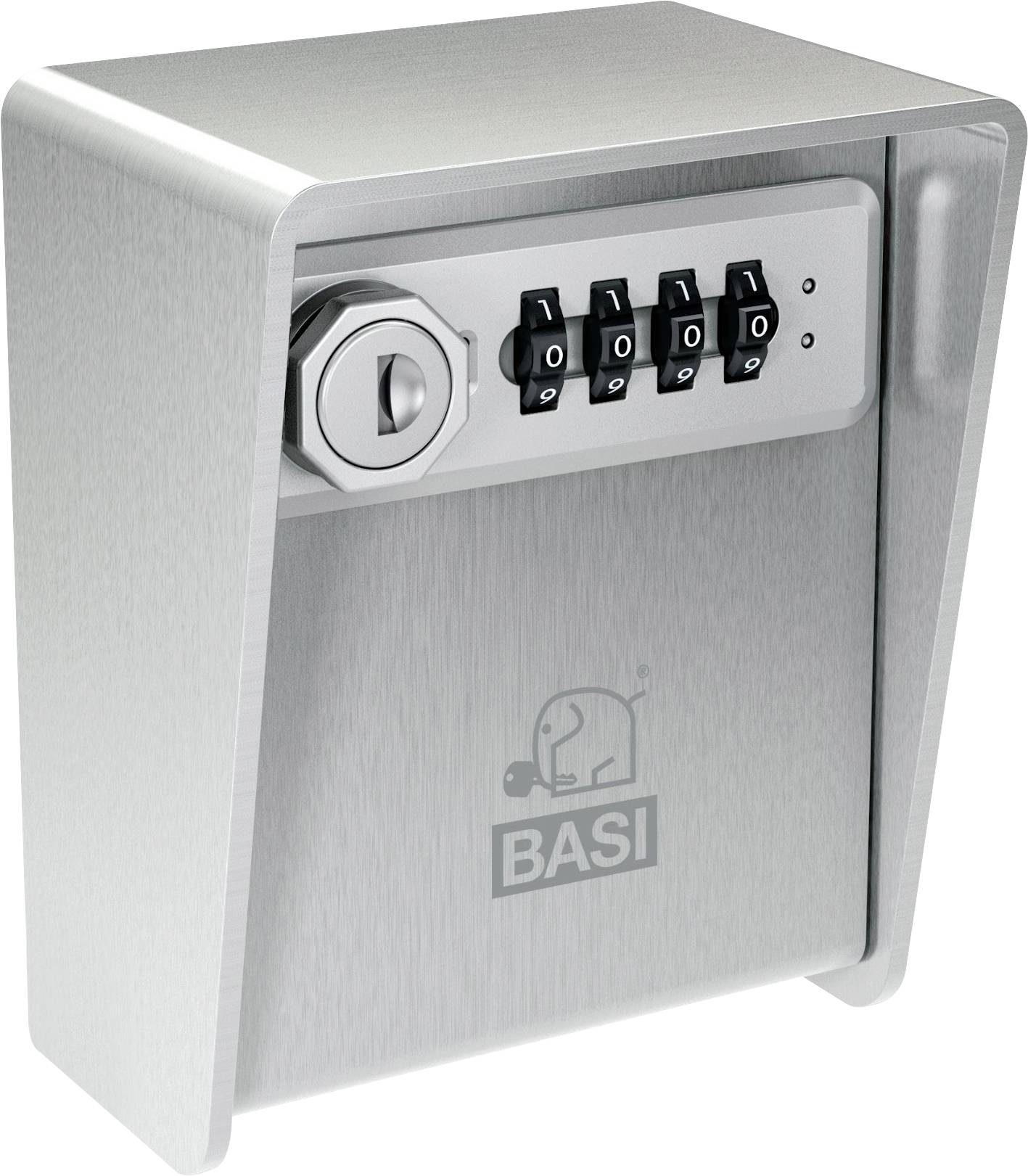 Eine Metallbox mit matter Oberfläche und 'BASI' Branding, ausgestattet mit einem Kombinationsschloss mit vier drehbaren Zifferblättern und einem Schlüsselloch zum sicheren Aufbewahren von Wertsachen.