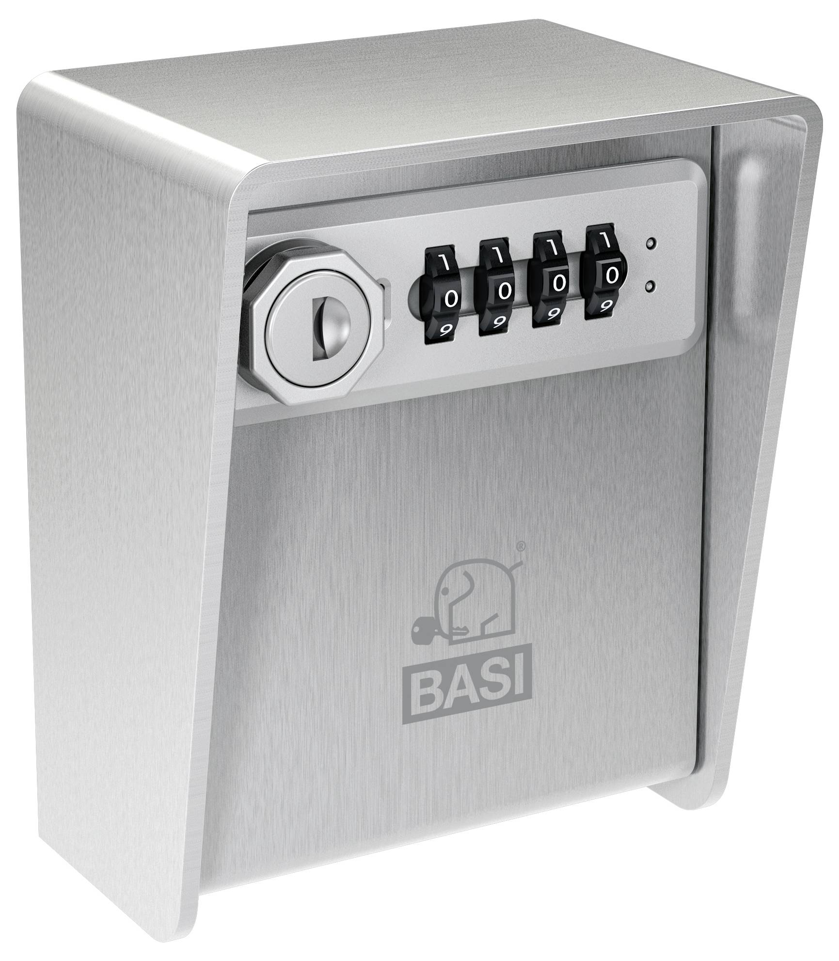 Ein Metallkombinationsschließfach mit vier Zahlenscheiben und einem Schlüsselloch, mit einem Elefanten-Logo über dem Wort 'BASI' geprägt.