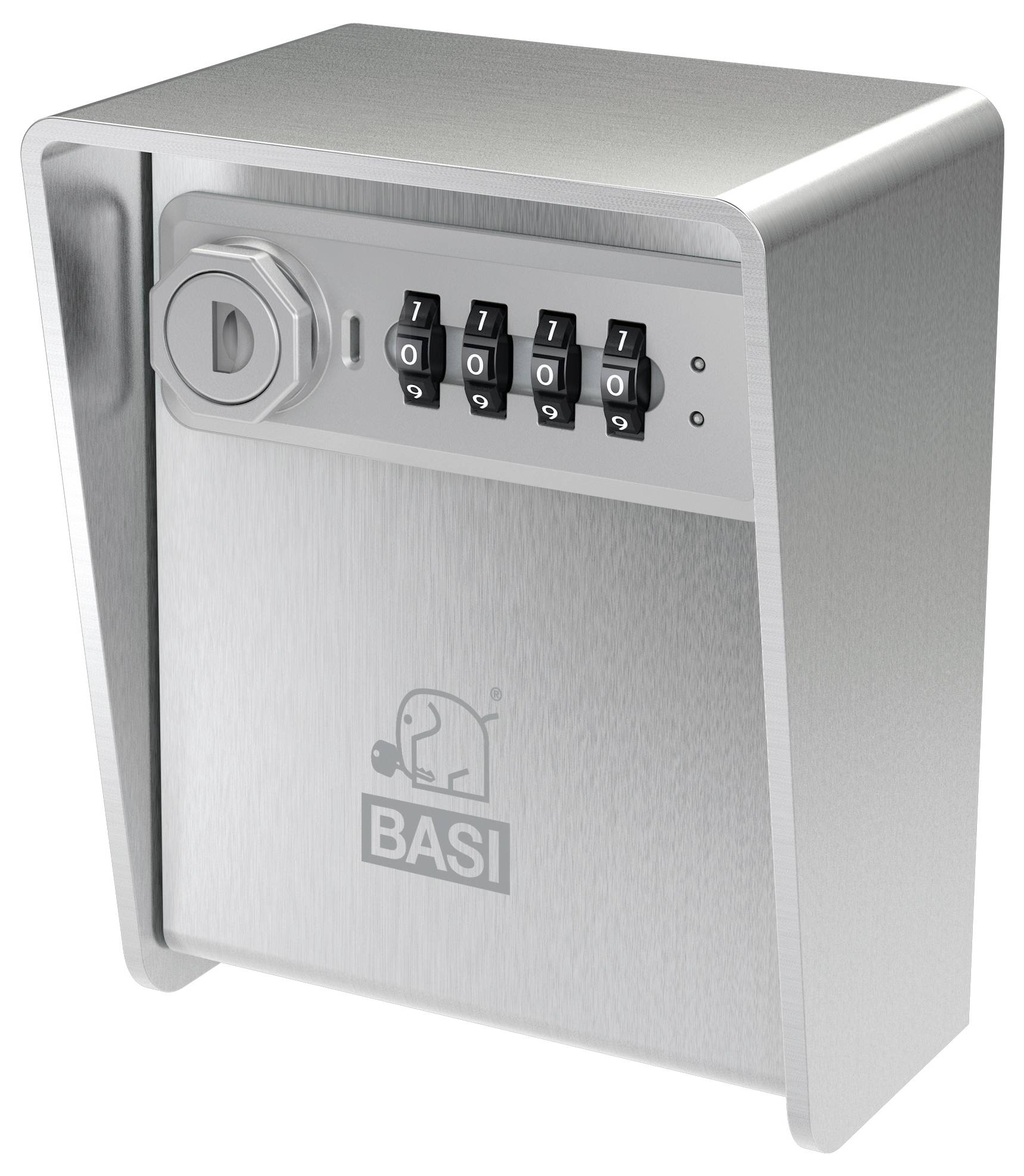 Silberne Geldkassette mit Zahlenkombinationsscheibe, die die Zahlen 0-9 zeigt, und Schlüsselloch links. Logo der Marke Basi mit einem Elefanten.