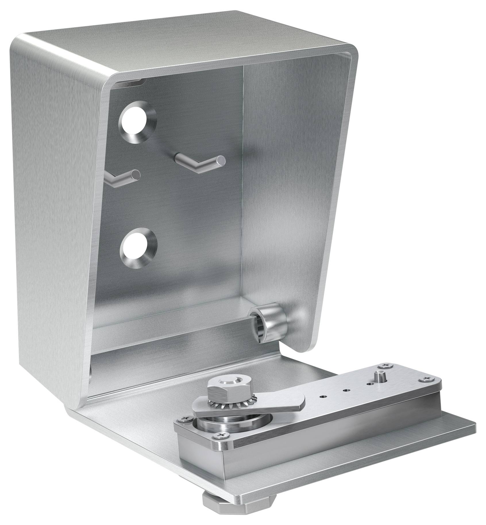 Eine Metall-Wandhalterung mit klappbarem Sockel verfügt über mehrere Schraubenlöcher, was darauf hinweist, dass sie für eine verstellbare Installation ausgelegt ist.