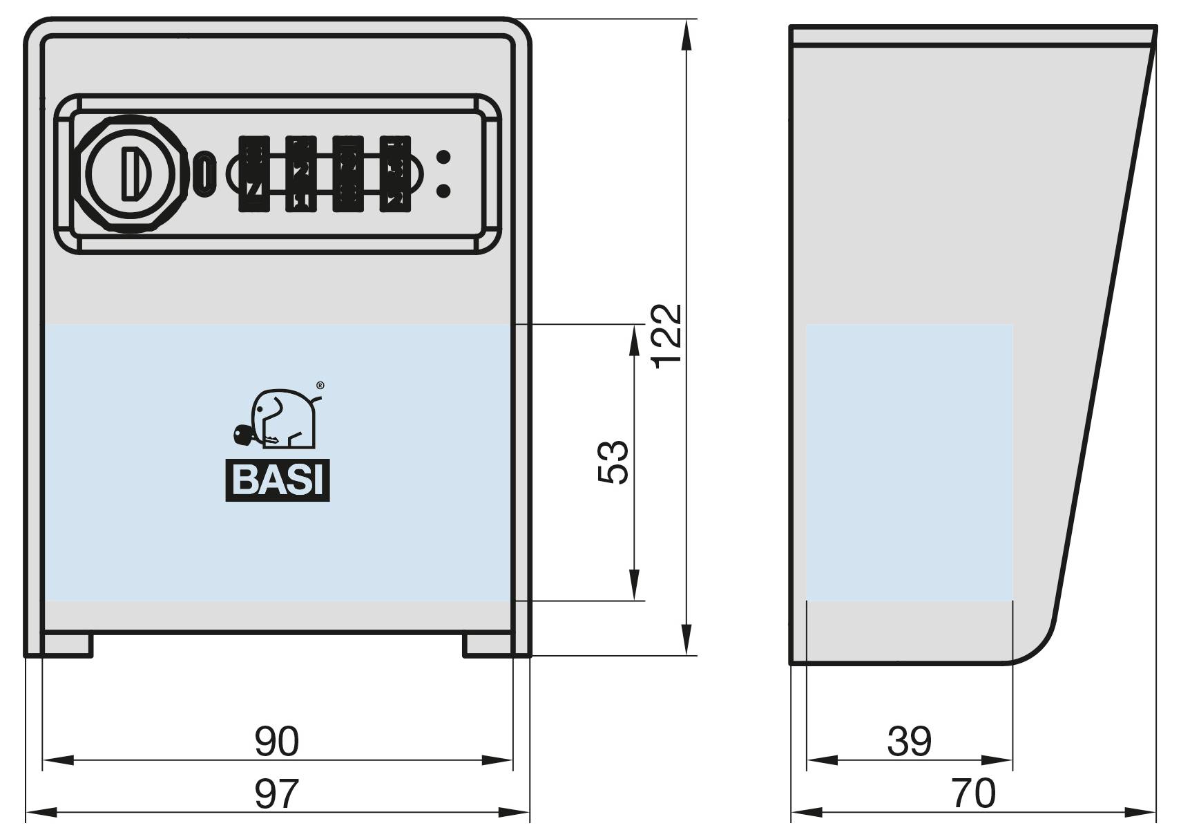 Seiten- und Vorderansicht-Diagramm eines BASI-Kombinationssicherungsschachts. Vorderansicht-Abmessungen: 97x122 mm; Seitenansicht: 39x70 mm.