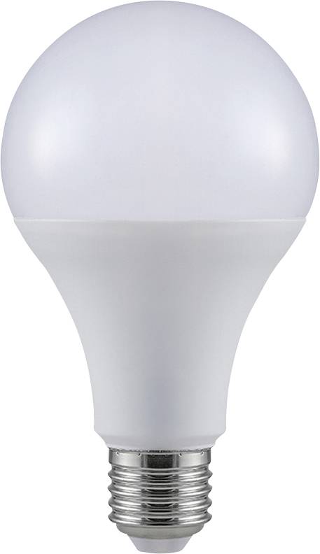 Eine weiße LED-Glühbirne mit Standardgewinde, die häufig für energieeffiziente Beleuchtung in Häusern und Büros verwendet wird.