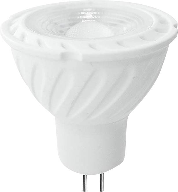 Eine weiße LED-Spotlampe mit Steckfassung, die ihre strukturierte Oberfläche und kompakte Bauweise präsentiert, wie sie typischerweise für energieeffiziente Beleuchtung verwendet wird.