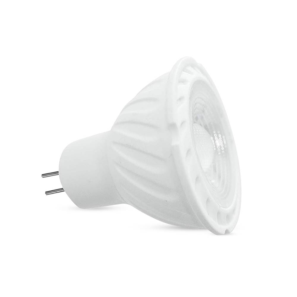 Eine weiße, energieeffiziente GU10 LED-Glühbirne mit sichtbaren Kontakten auf der linken Seite, entwickelt für moderne Beleuchtungskörper.