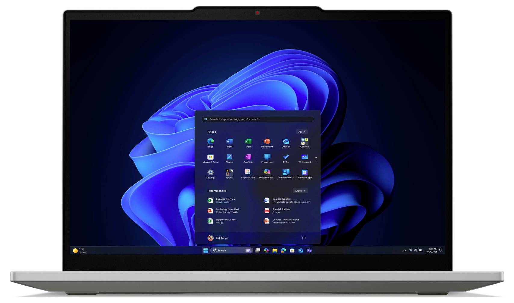 Ein Laptop, der den Windows 11-Startbildschirm mit geöffnetem Startmenü zeigt, mit verschiedenen App-Symbolen vor einem blauen abstrakten Hintergrund.