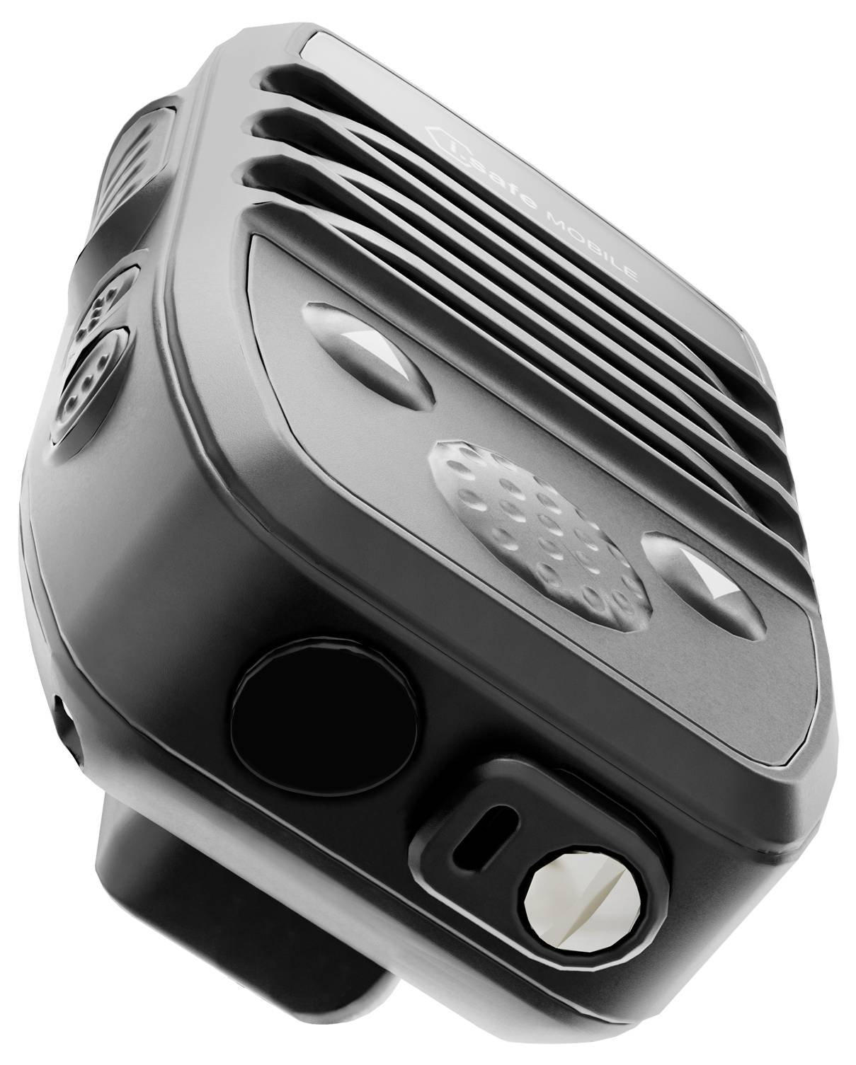 Ein schwarzes tragbares Funkgerät mit mehreren Tasten, einem Lautsprechergitter und einem Drehknopf; entwickelt für die Zweiwege-Kommunikation.