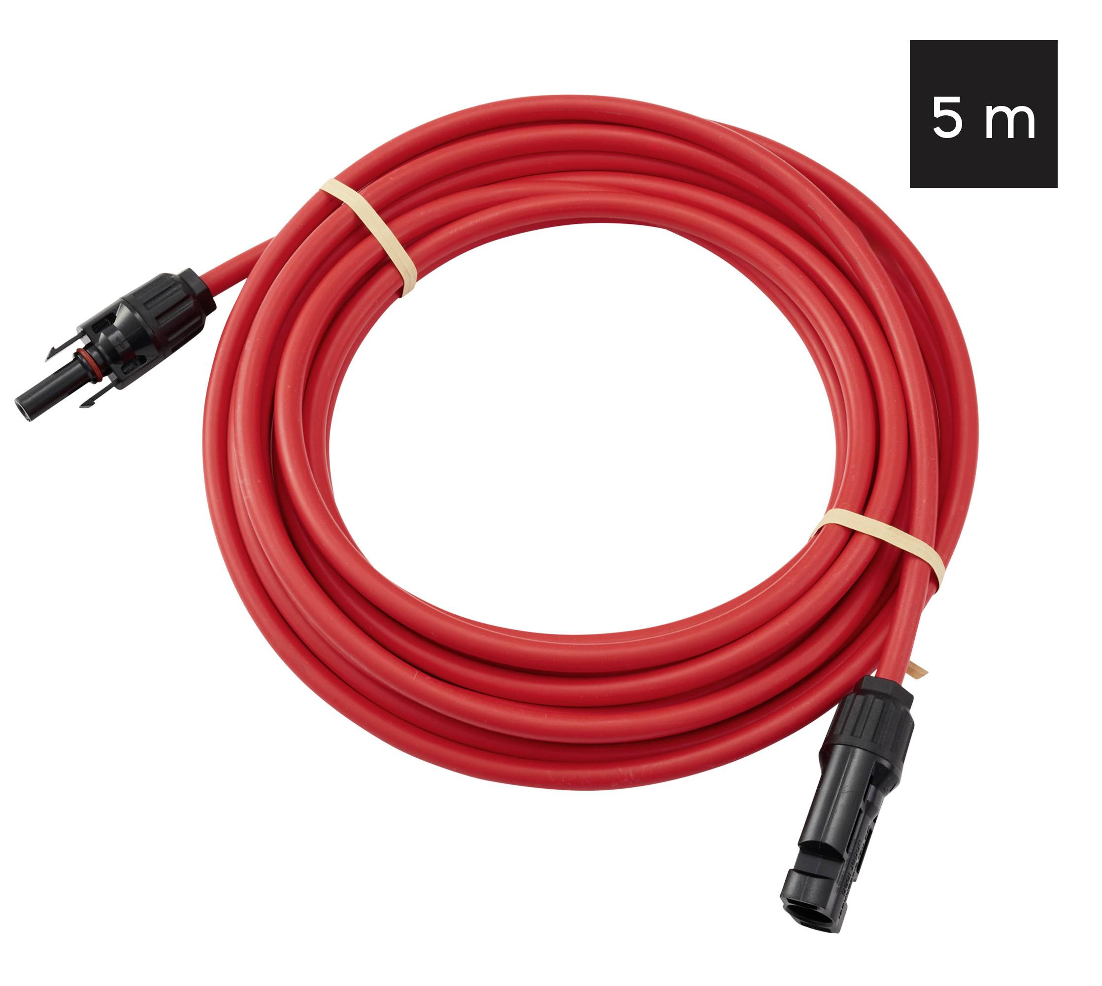 Ein roter elektrischer Kabel, der ordentlich aufgewickelt ist, mit Anschlüssen an beiden Enden, in der oberen rechten Ecke mit '5 m' beschriftet, was seine Länge anzeigt.