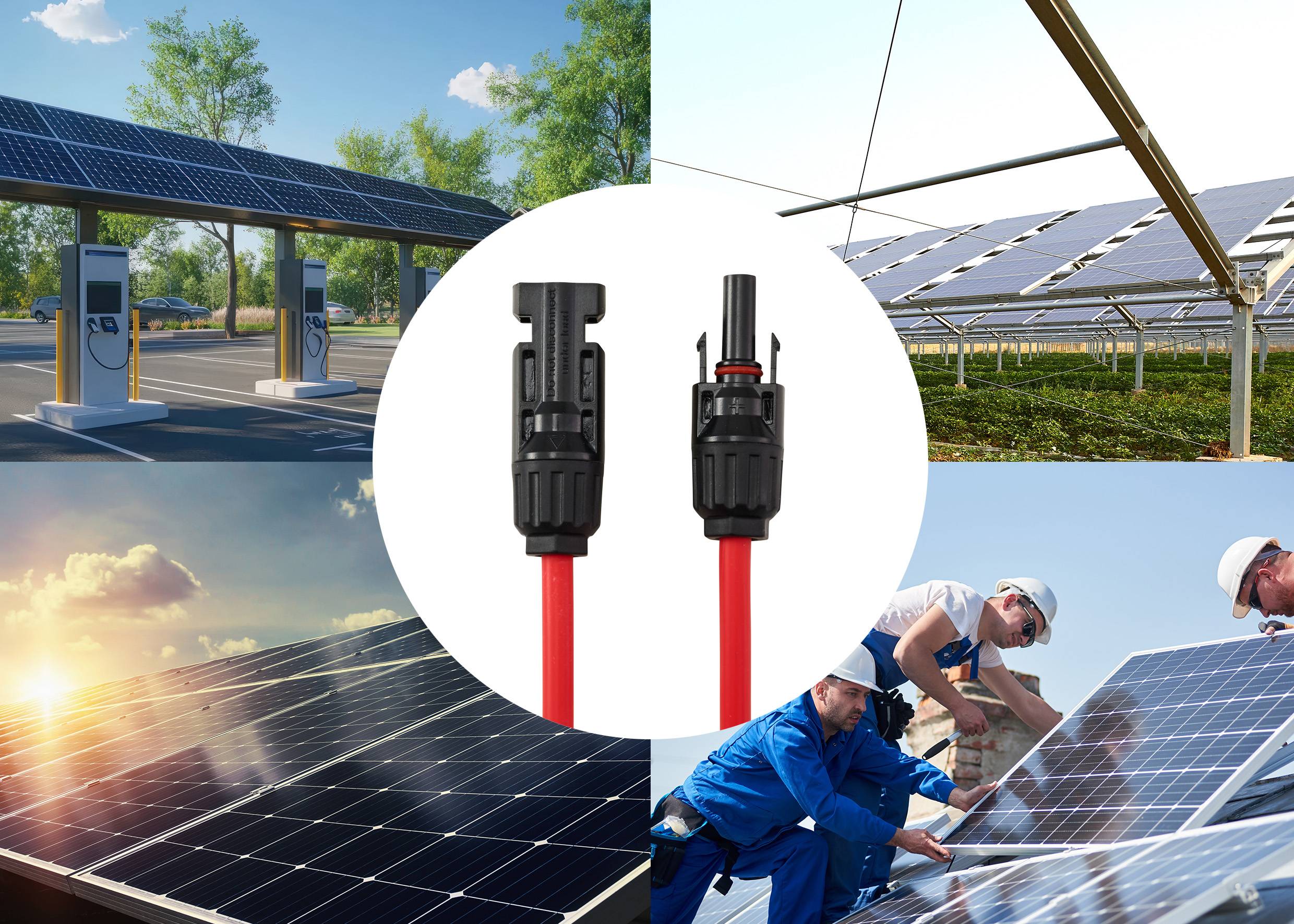 Eine Collage zeigt Solarpanele in verschiedenen Umgebungen und zwei Kabelanschlüsse im Zentrum, die Lösungen für Solarenergie-Verbindungen hervorheben.