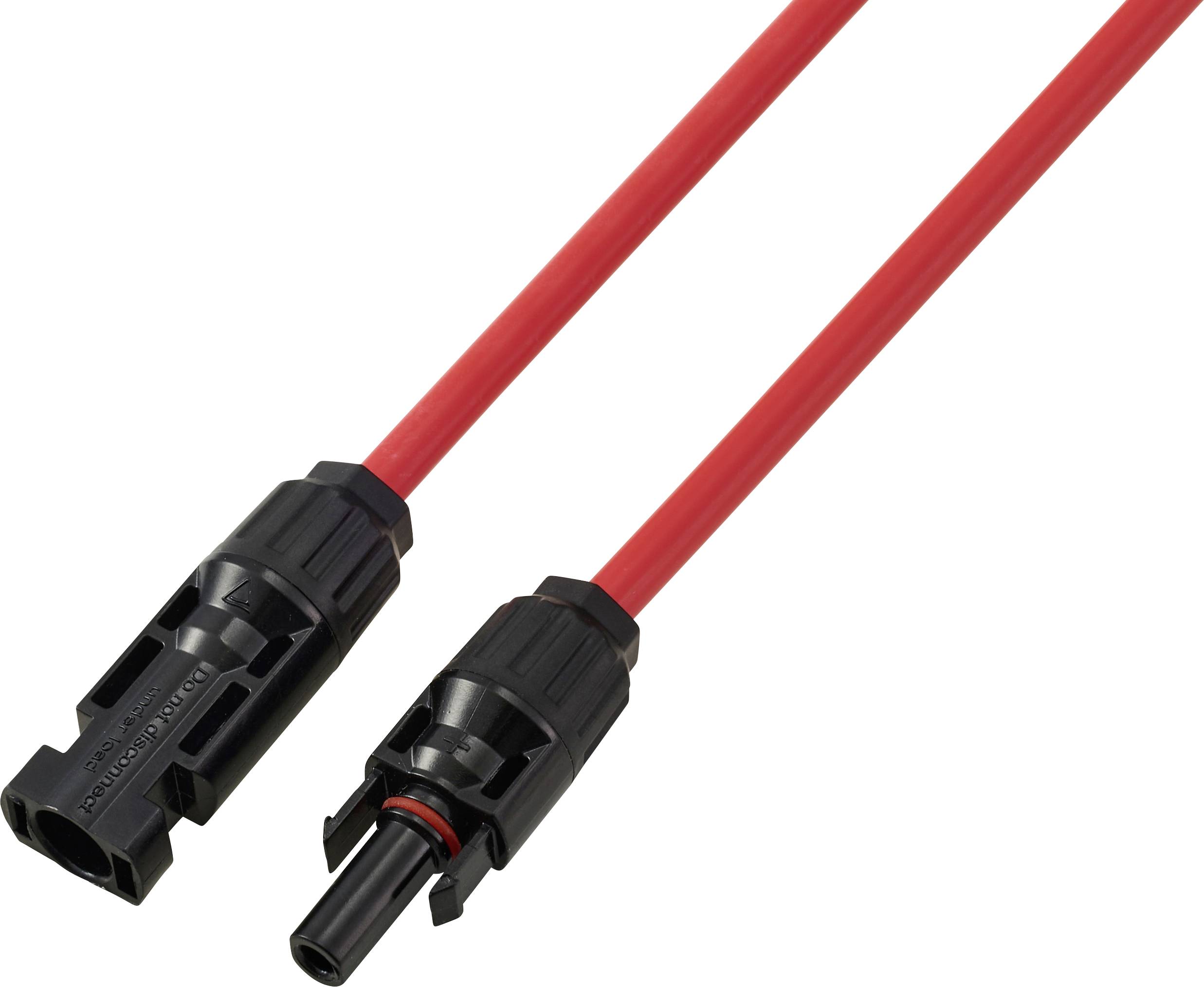 Zwei rote elektrische Kabel mit schwarzen Steckern an den Enden, die zum Verbinden von Solarpanels oder anderen elektronischen Geräten verwendet werden.