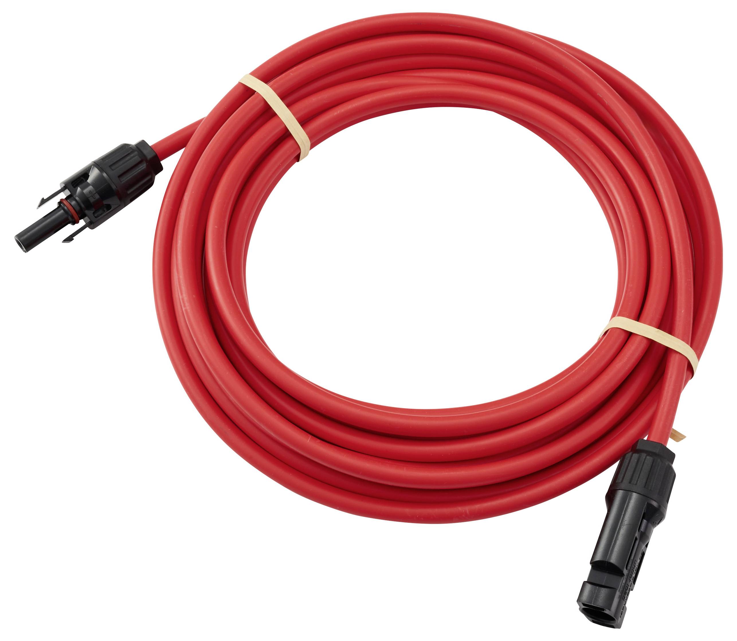 Ein gewickeltes rotes elektrisches Kabel mit schwarzen Anschlüssen an beiden Enden, befestigt mit zwei beigen Gummibändern.