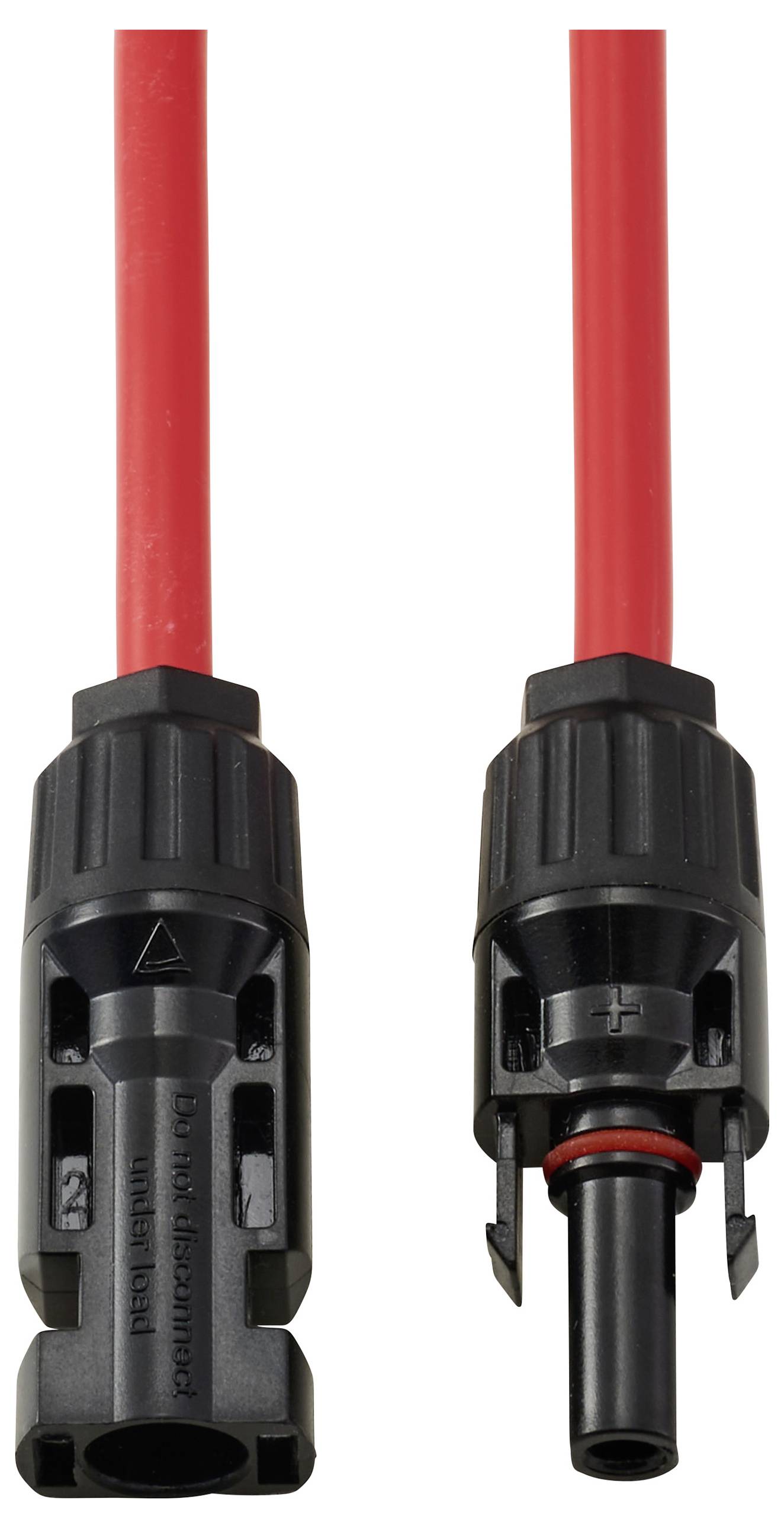 Zwei schwarze elektrische Anschlüsse, die an rote Kabel angeschlossen sind und vertikal ausgerichtet sind. Die Anschlüsse haben eine zylindrische Gestalt und Stifte zum Verriegeln.