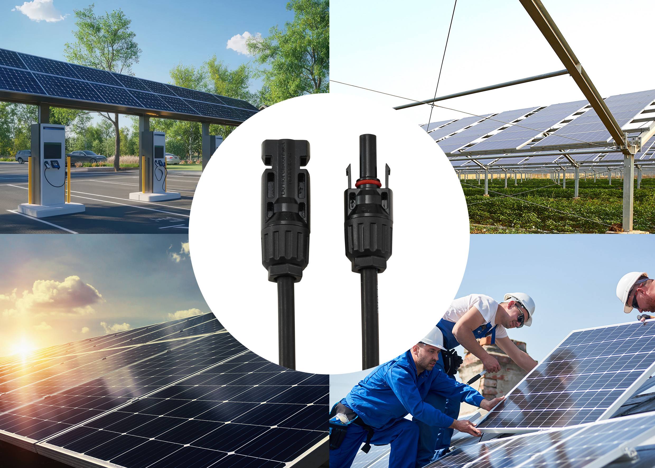Fotocollage von Solarpanels: Elektroauto-Ladestation, Panels auf Feldern, Nahaufnahme von Anschlüssen, Arbeiter bei der Installation von Solarpanels.