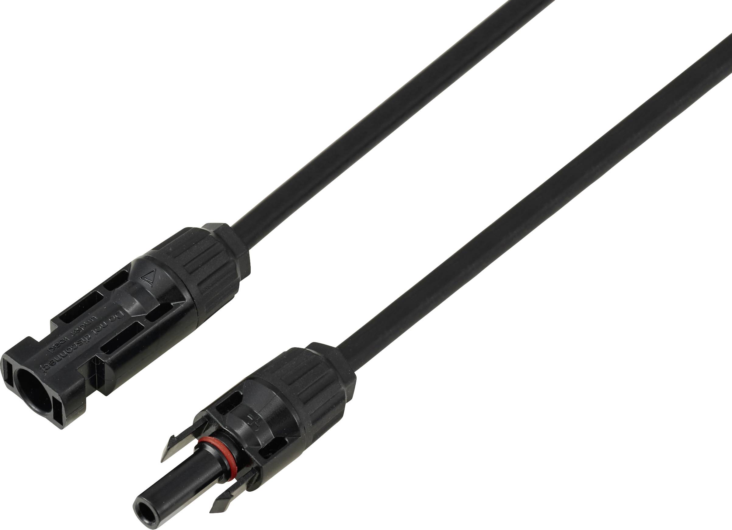 Zwei schwarze MC4-Stecker mit Kabeln: ein männlicher und ein weiblicher, verwendet zur Verbindung von Solarmodulen in photovoltaischen Systemen.