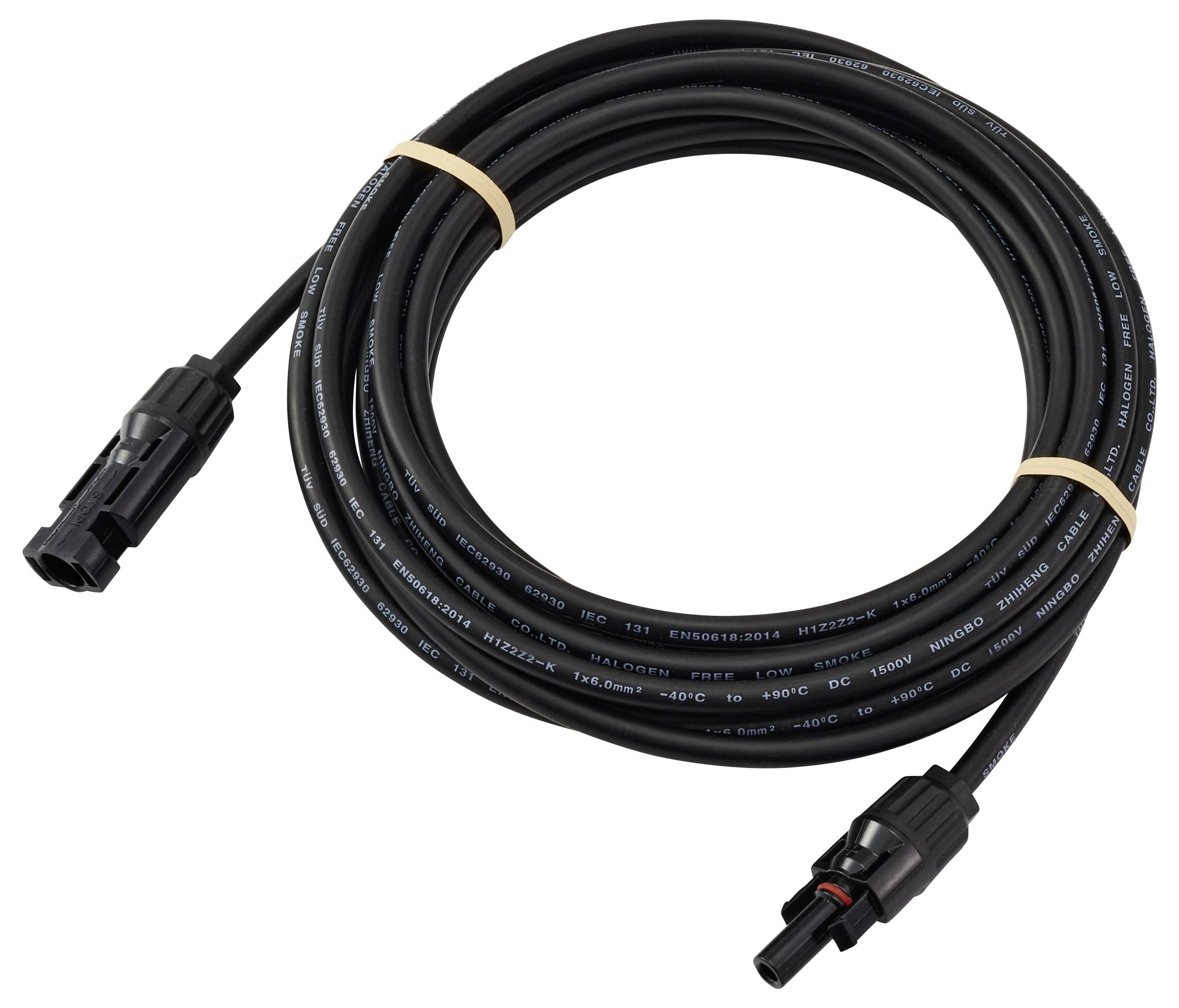 Ein aufgewickeltes schwarzes Kabel mit Steckern an beiden Enden, mit Gummibändern gesichert, wahrscheinlich für elektrische oder elektronische Zwecke.