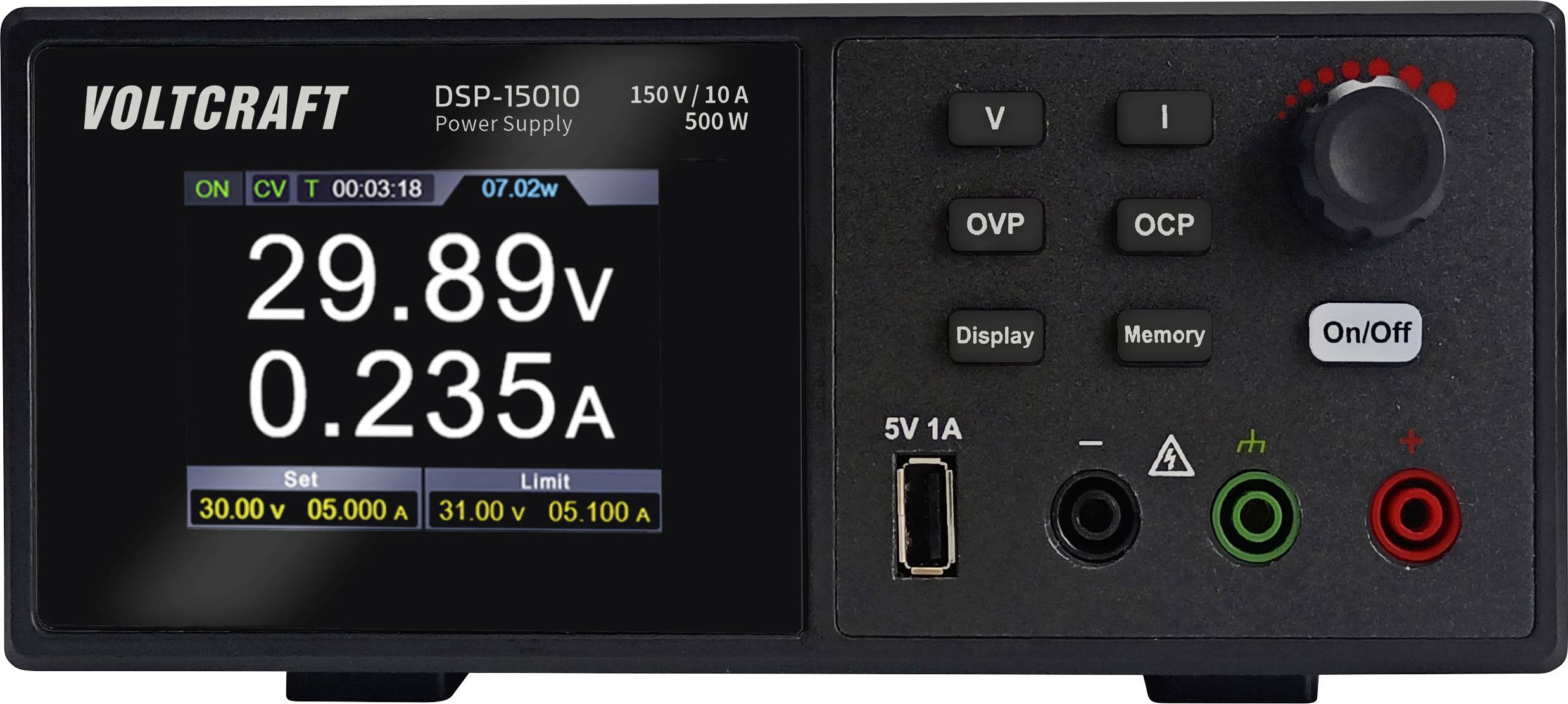 Voltcraft DSP-15010 Netzteil zeigt 29,89V, 0,235A. Verfügt über Tasten für Überspannungsschutz (OVP), Überstromschutz (OCP), Einstellung und USB-Anschluss.