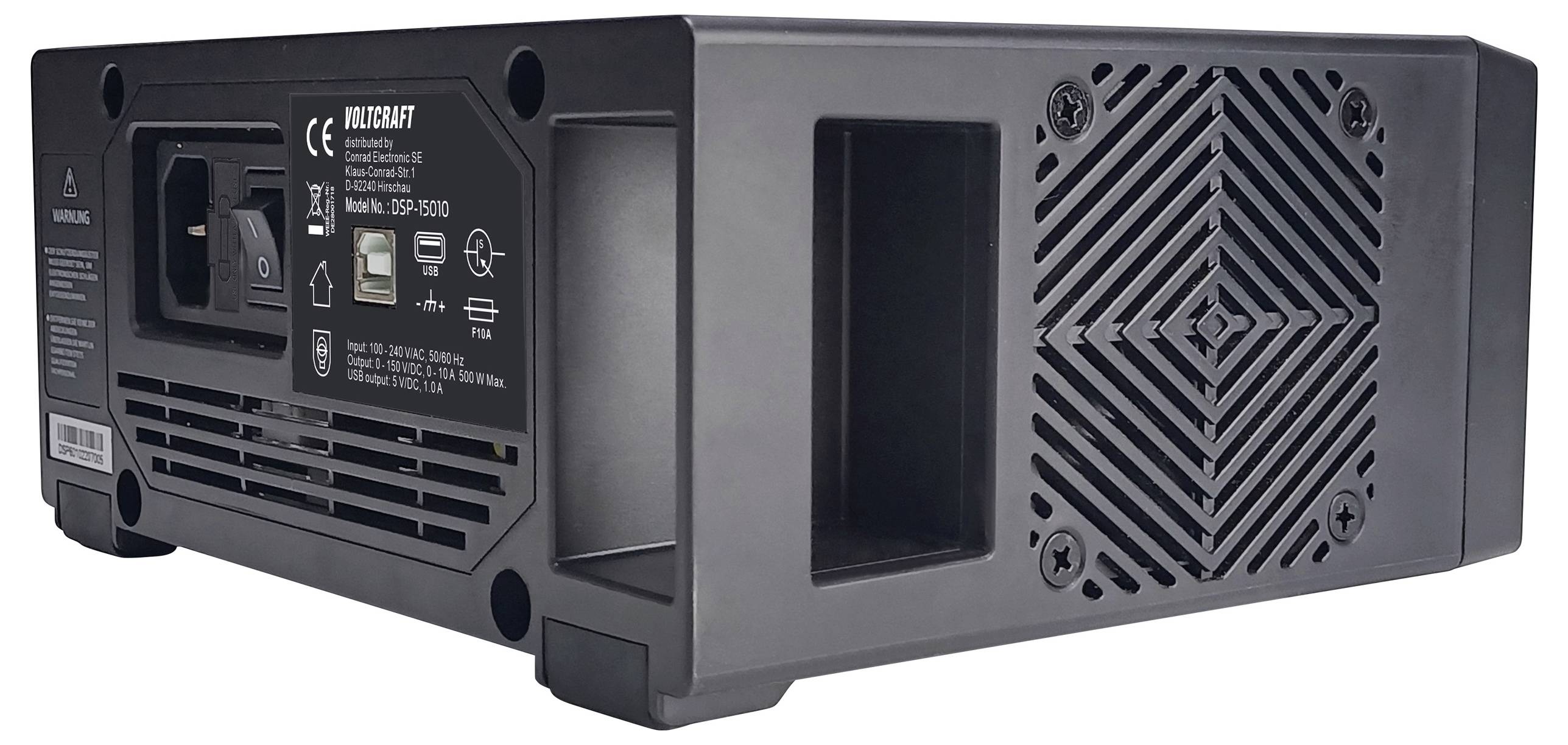 Ein schwarzer Leistungswechselrichter, der seine Rückseite mit Stromanschlüssen, einem Kühlventilator und einem Spezifikationsetikett zeigt, das Modellnummer und Zertifizierungszeichen enthält.