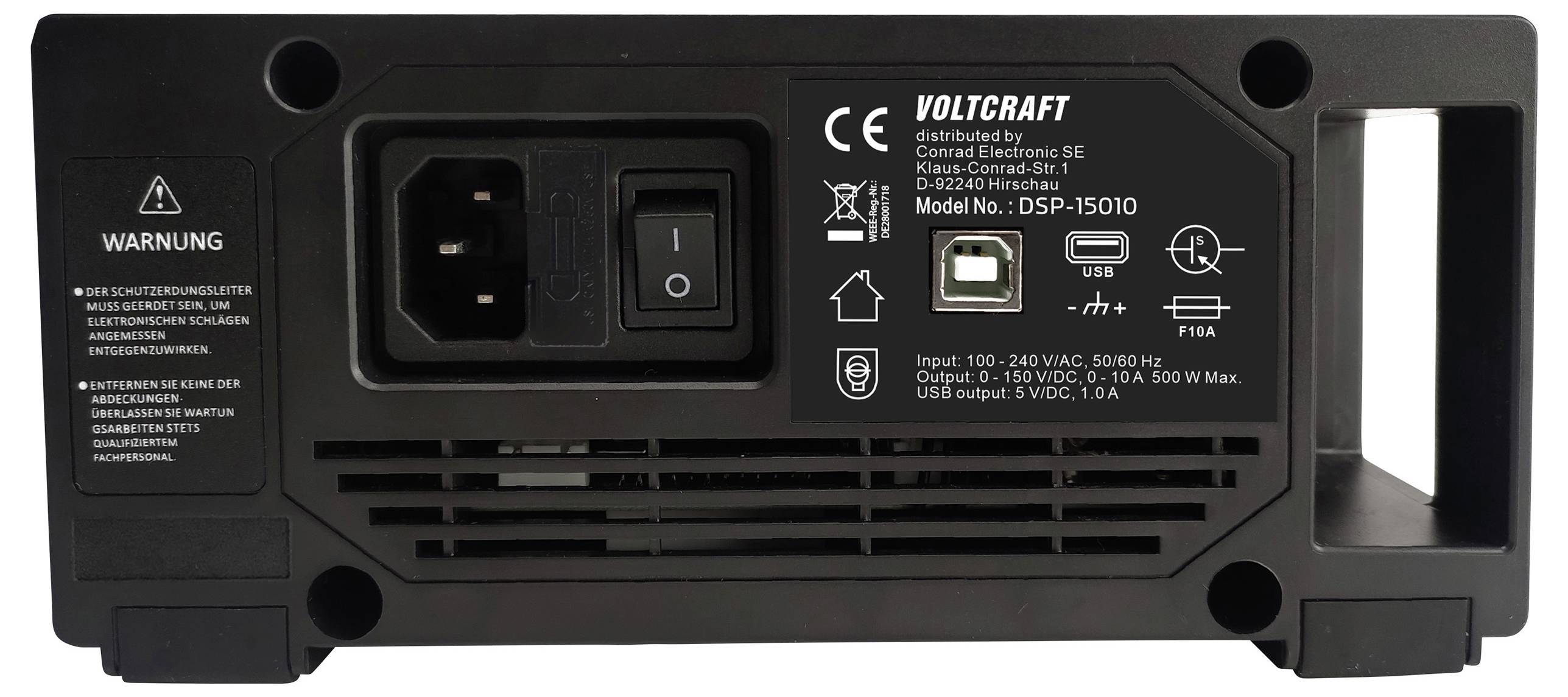 Der Rückpanel eines Voltcraft DSP-15010 Netzteils verfügt über einen Netzschalter, USB-Anschlüsse und Warnhinweise für Betriebsrichtlinien.