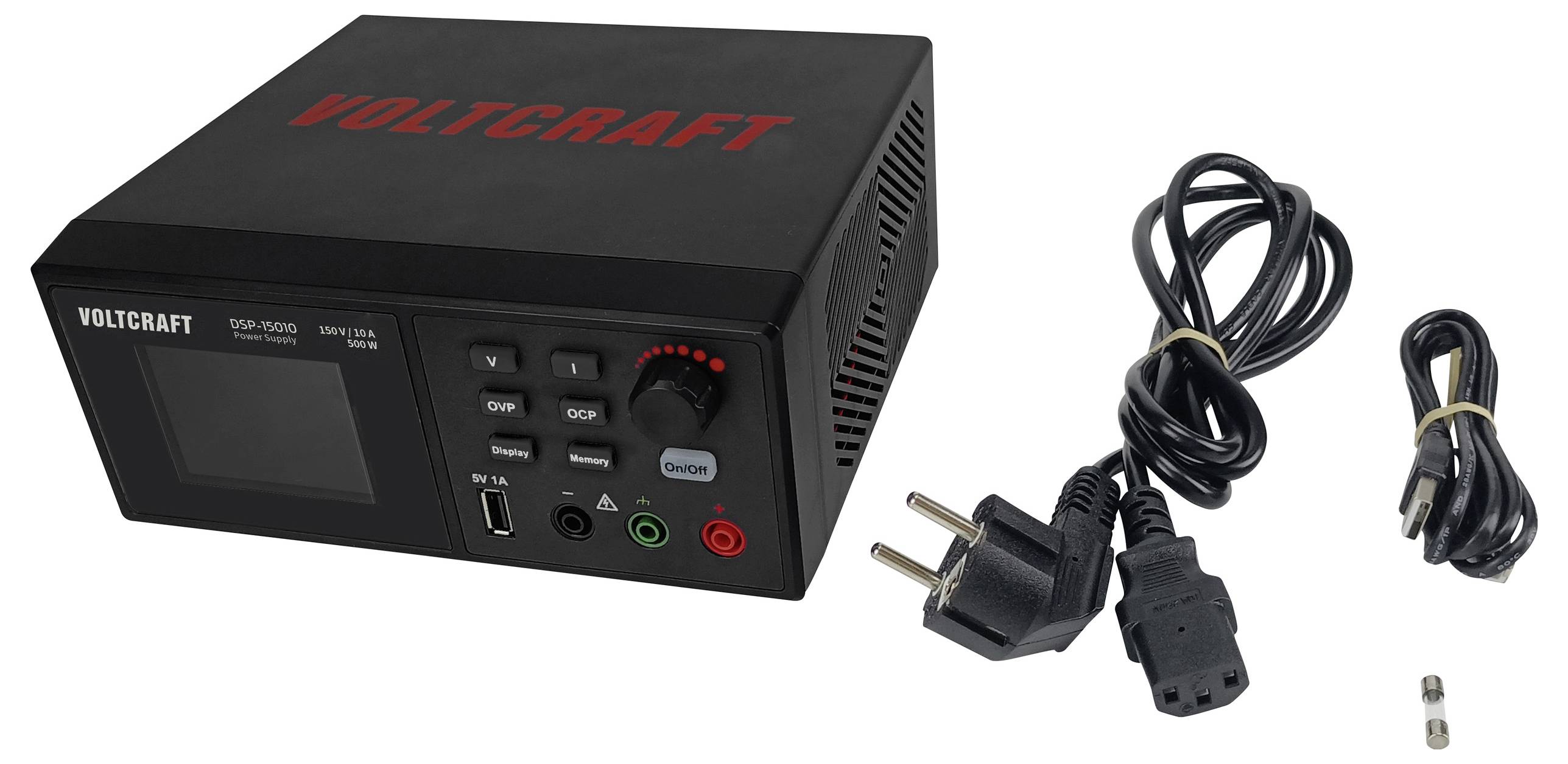 Ein schwarzes Volcraft Netzteil mit Display, Bedienknöpfen und verschiedenen Anschlüssen. Zusammen mit zwei Netzkabeln und einer kleinen Sicherung.