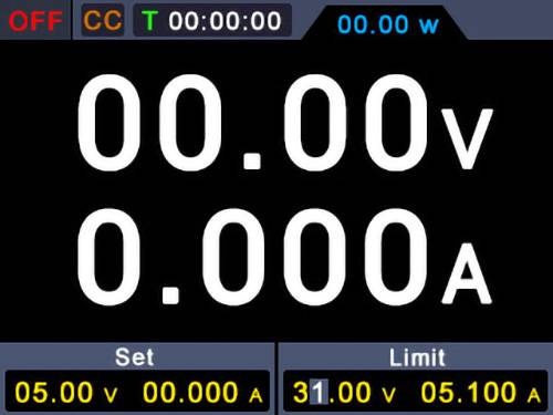 Digitale Stromversorgungsanzeige zeigt '00,00 V' Spannung und '0,000 A' Stromstärke. Eingestellte Werte: '05,00 V', '00,000 A', Grenzwert: '31,00 V', '05,100 A'.