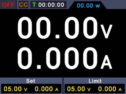 Netzteil-Anzeige zeigt Spannung '00.00 V' und Stromstärke '0,000 A'. Einstell- und Grenzwerte sind '05,00 V' und '0,000 A'.