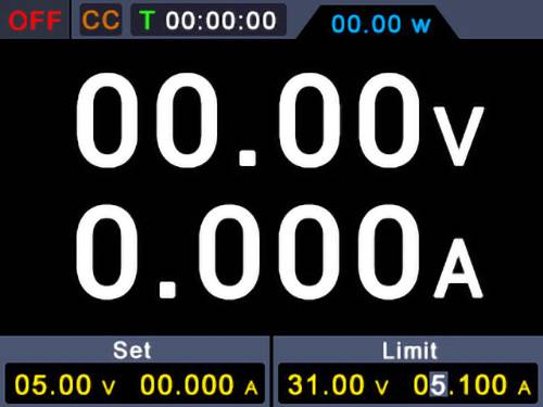 Digitale Stromversorgungsanzeige mit Spannung bei '00,00 V' und Stromstärke bei '0,000 A'. Einstellungen: 'Einstellung - 05,00 V, 00,00 A'; 'Grenze - 31,00 V, 5,100 A'.