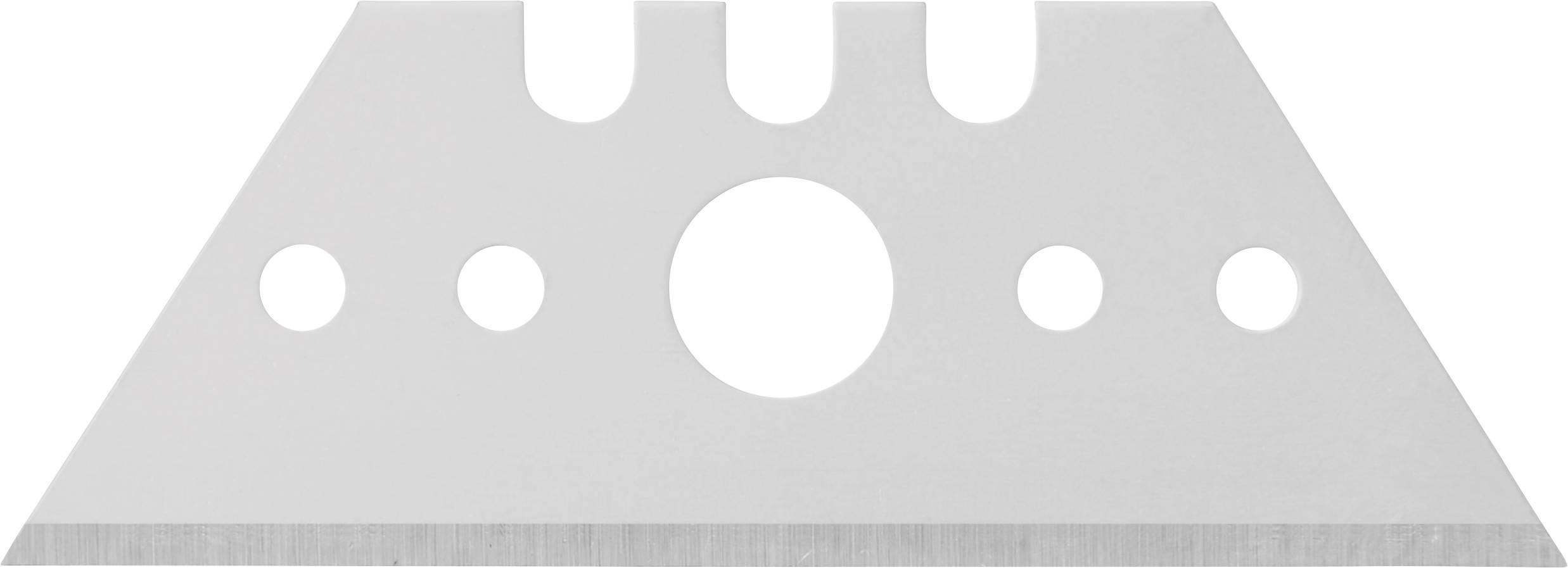 Eine trapezförmige Nutzklinge mit scharfer Kante, ausgestattet mit fünf Löchern zum Einsetzen in ein Universalmesser.