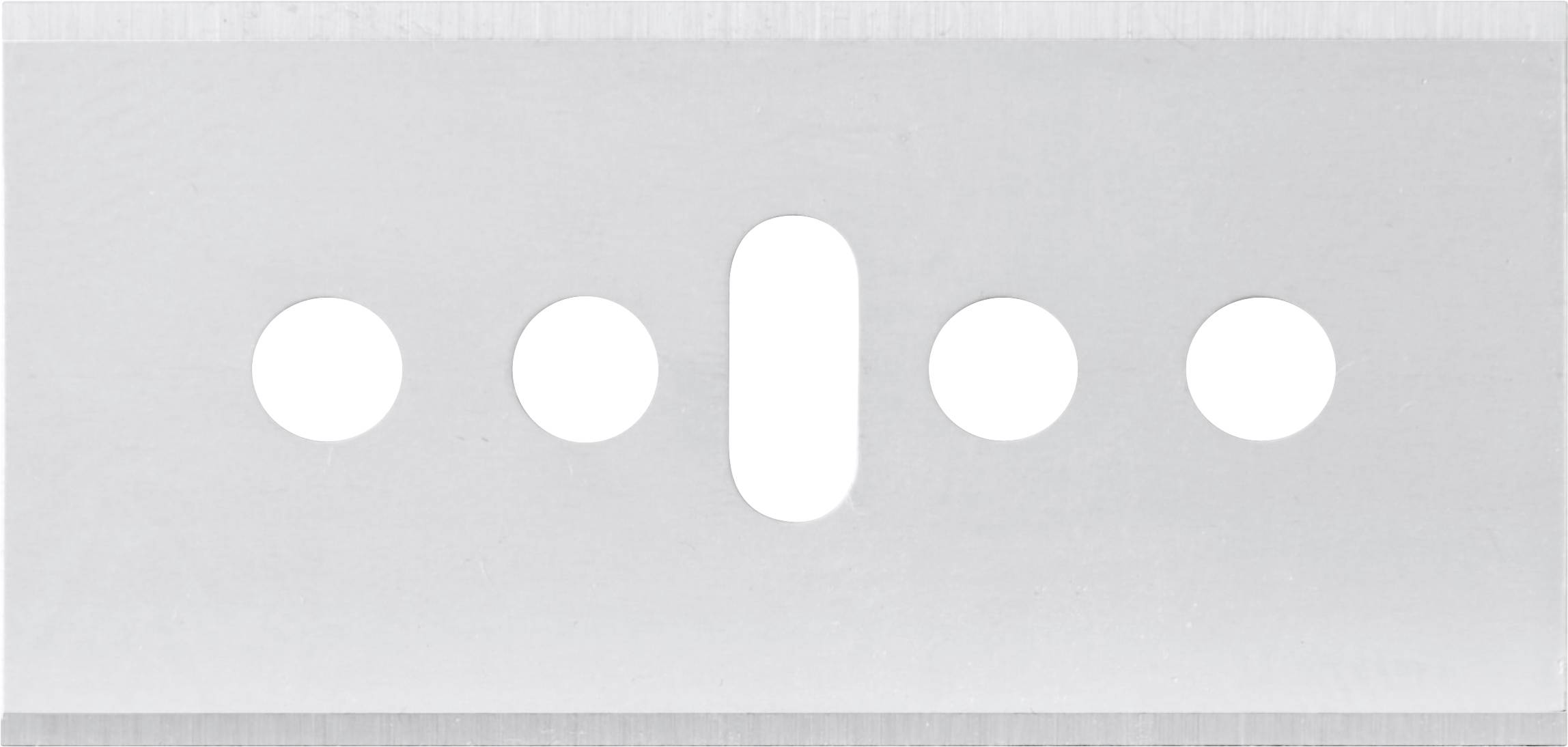 Eine Metallrasierklingen mit fünf kreisrunden und ovalen Löchern, die in einer horizontalen Linie über die Mitte verteilt sind.