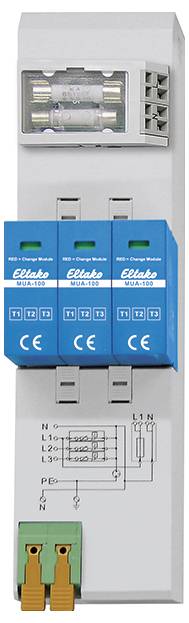 Ein grau-blauer Überspannungsschutz mit drei Modulen, beschriftet mit 'Eluko MZ5100', der zur Schutz von Stromkreisen vor Spannungsspitzen dient.