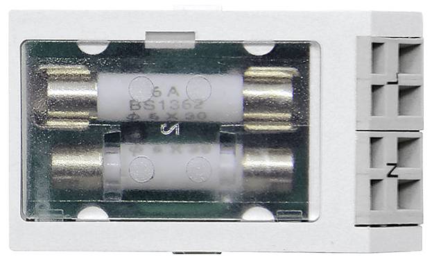 Sicherungshalter mit zwei zylindrischen Sicherungen, beschriftet mit 6A BS1362, in einem transparenten Gehäuse zur Sicherheitsprüfung.