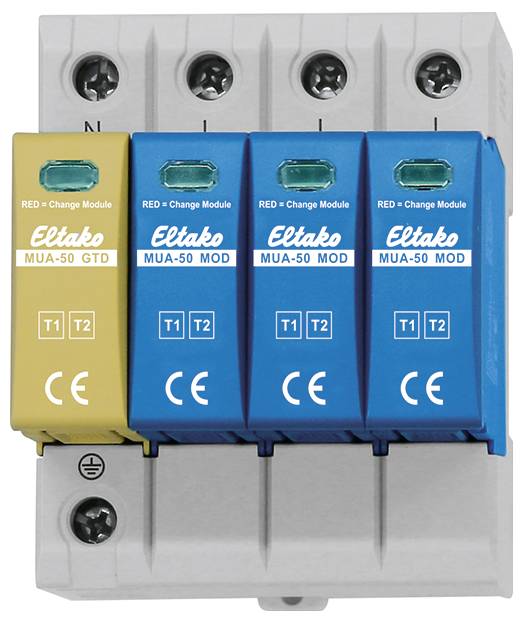 Drei blaue Module und ein gelbes Modul mit der Aufschrift 'Eltako' in einer Schaltanlage. CE-gekennzeichnet.