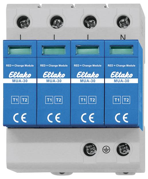 Ein blaues elektrisches Modul mit der Aufschrift 'Eltako MUA-30' mit mehreren Anschlüssen, die mit T1 und T2 gekennzeichnet sind und Verbindungspunkte für Kabel anzeigen.
