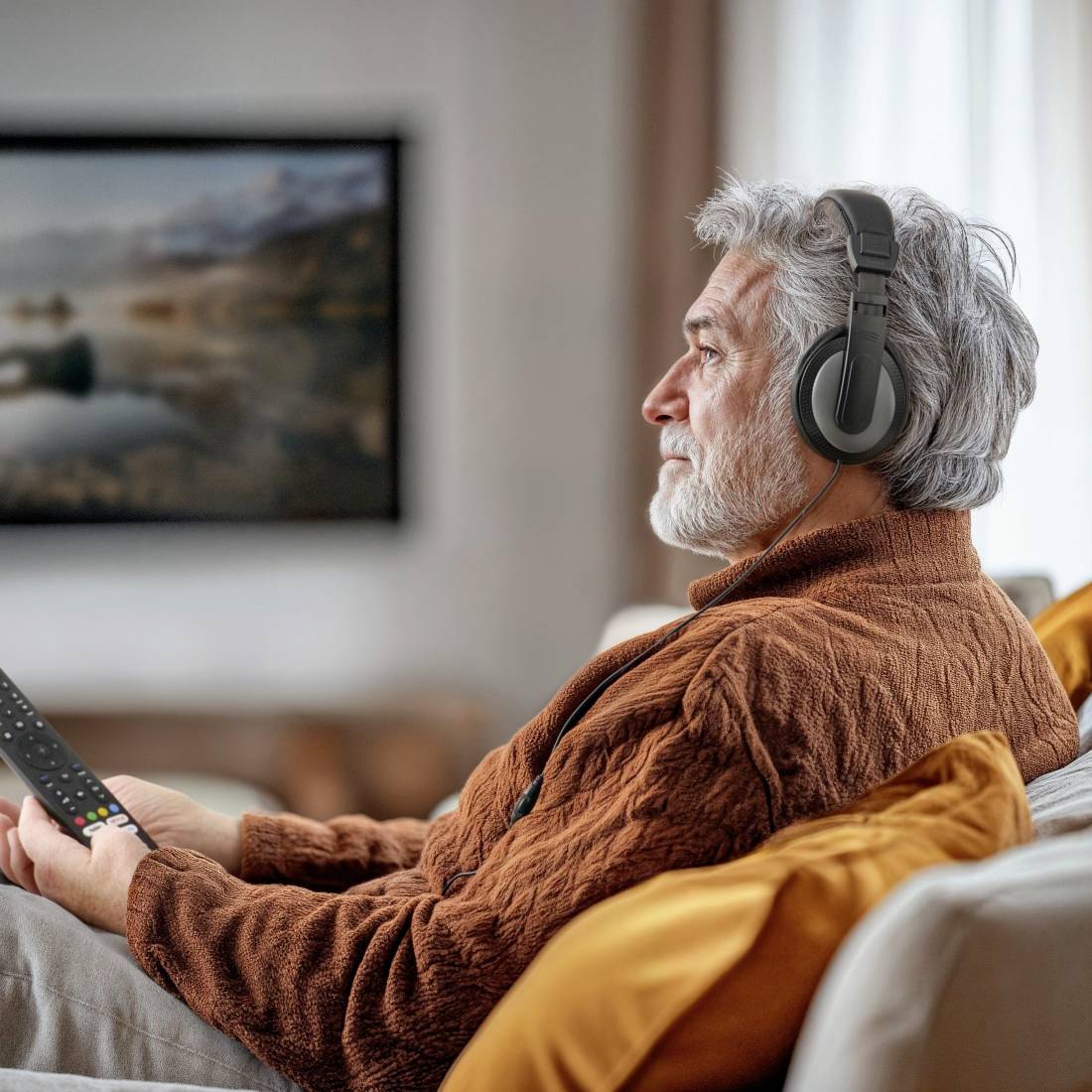 Ein Mann mit grauen Haaren, der Kopfhörer trägt, sitzt auf einem Sofa und schaut Fernsehen. Er hält eine Fernbedienung in der Hand. Auf dem Fernseher ist eine unscharf gehaltene Naturszene zu sehen.