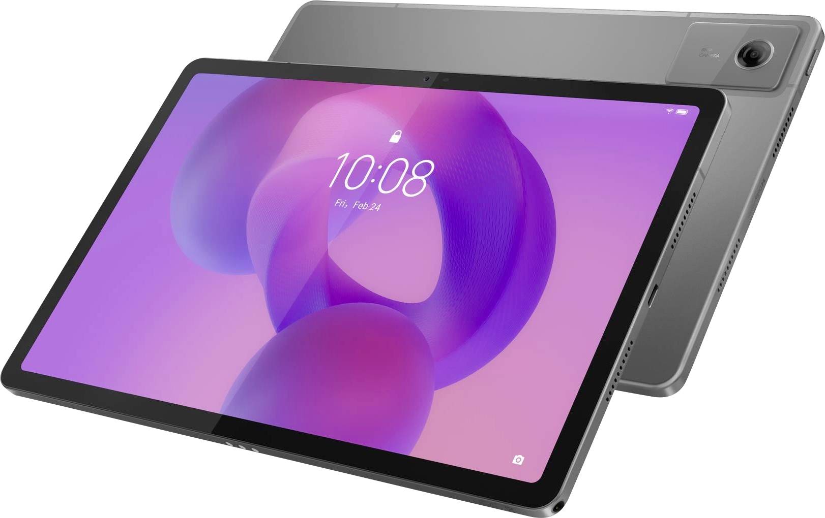 Ein grauer Tablet mit einem violett-pinken wirbelnden Hintergrund, der die Uhrzeit '10:08' anzeigt, liegt schräg, sodass sowohl der Bildschirm als auch die Rückseite sichtbar sind.