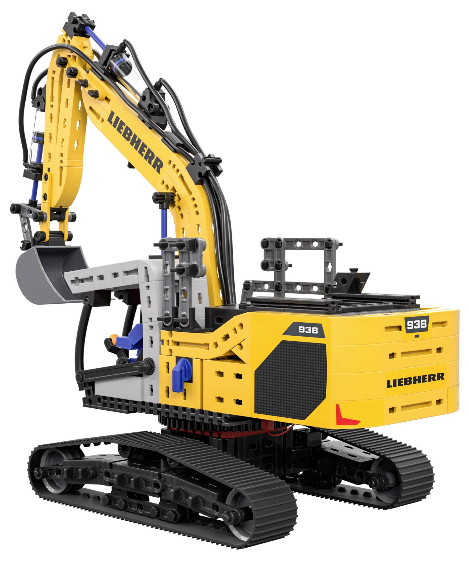 Ein gelbes und schwarzes Spielzeug-Baggermodell mit 'Liebherr'-Markenzeichen, ausgestattet mit beweglichem Arm und Ketten, das einem Baufahrzeug ähnelt.