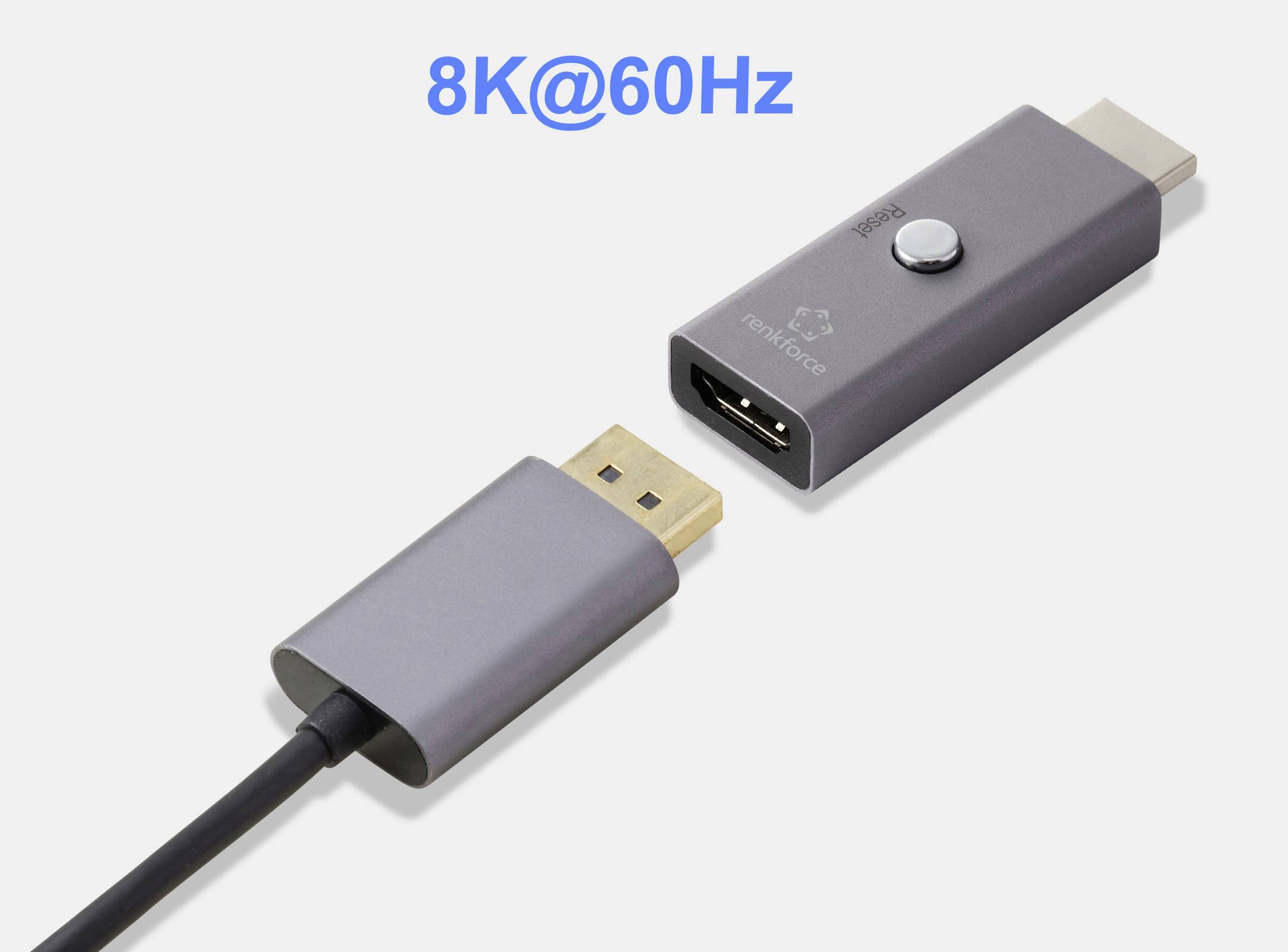 Ein grauer HDMI-Adapterkabel, der von seinem Anschluss getrennt war, mit der Bezeichnung „8K@60Hz