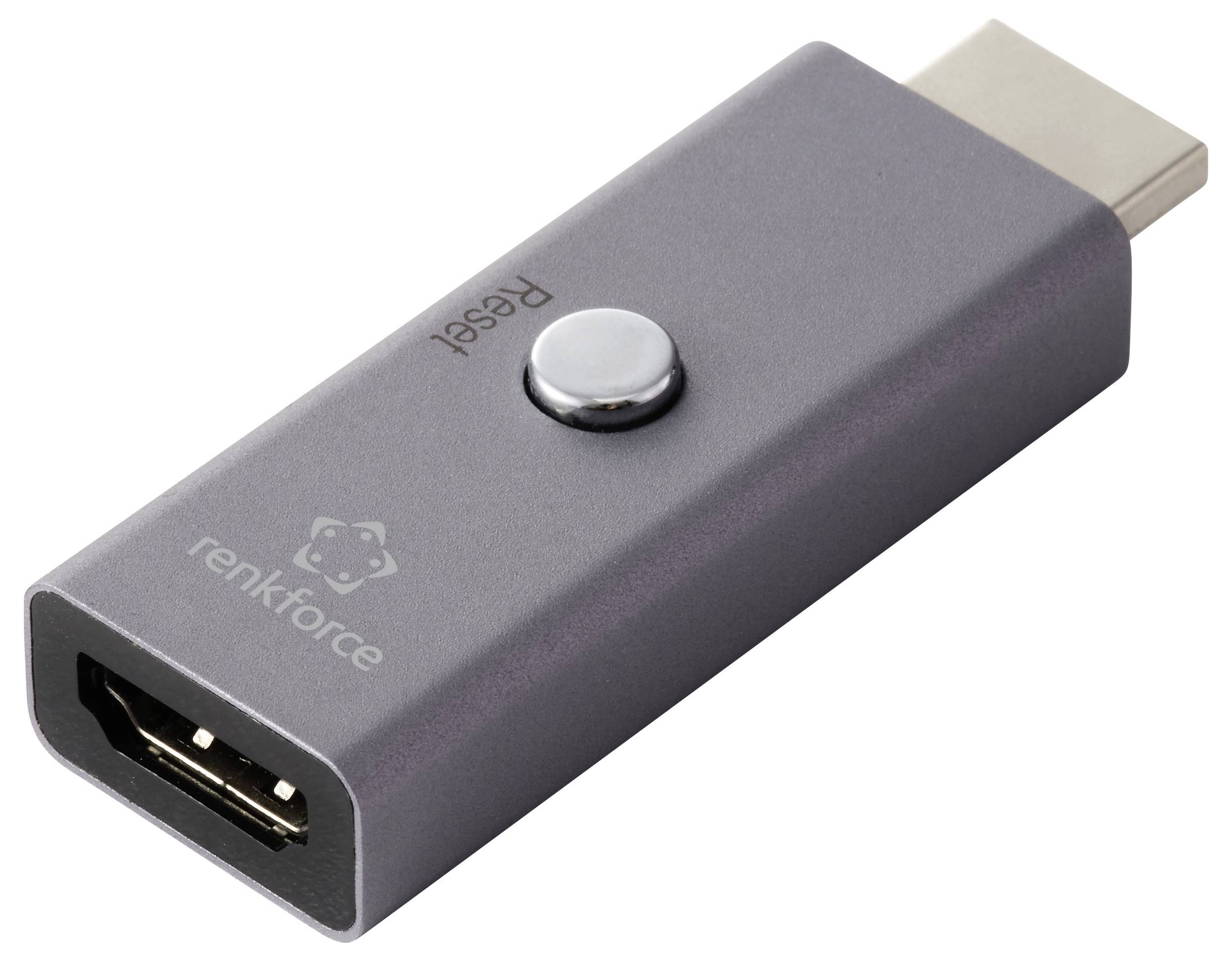 Ein Metall-HDMI-Stecker mit einer 'Reset'-Taste in der Mitte, mit der Marke 'renkforce' versehen.
