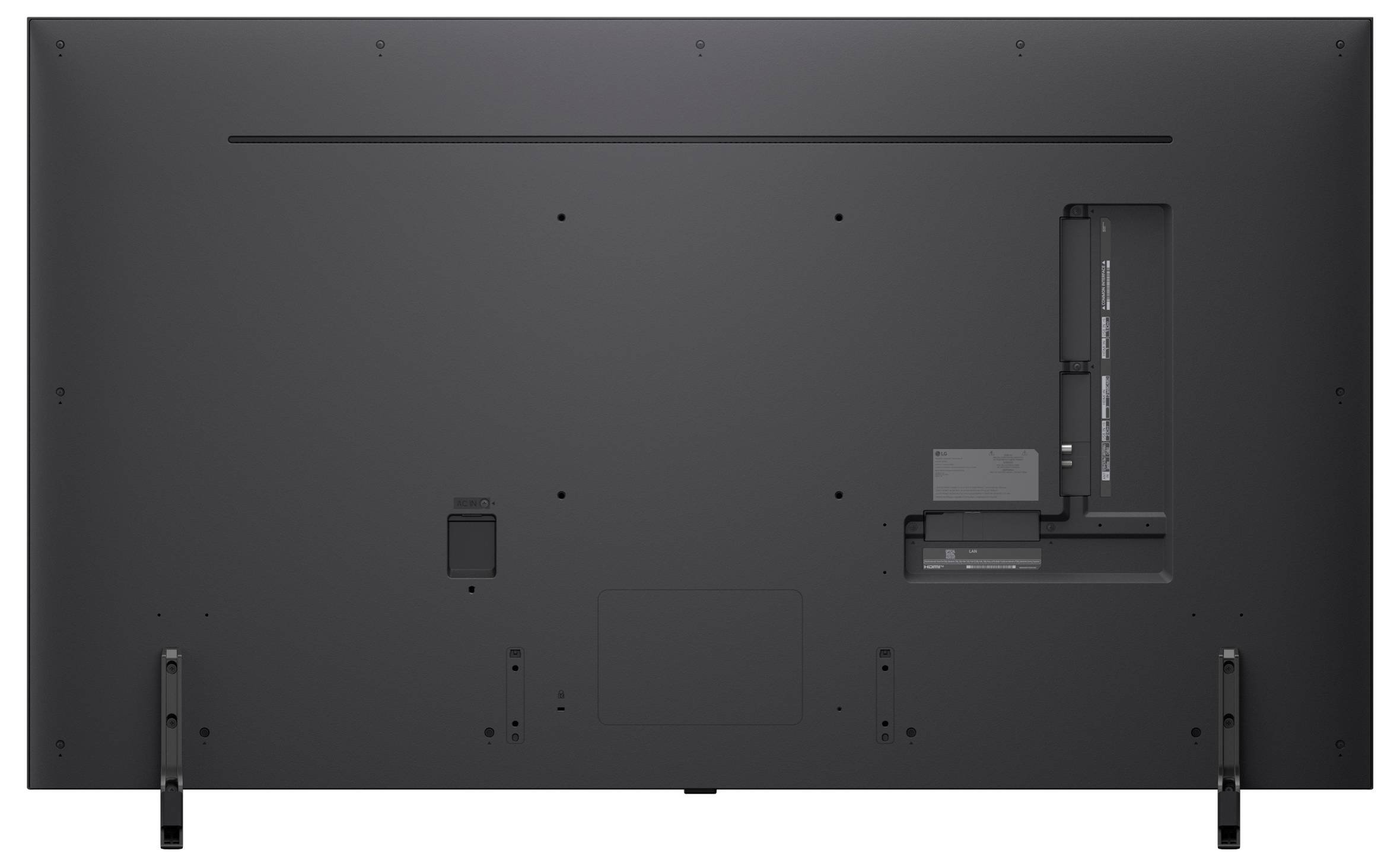Die Rückansicht eines Flachbildfernsehers, die auf der rechten Seite Anschlüsse und Buchsen für verschiedene Eingabe- und Ausgabemöglichkeiten zeigt.