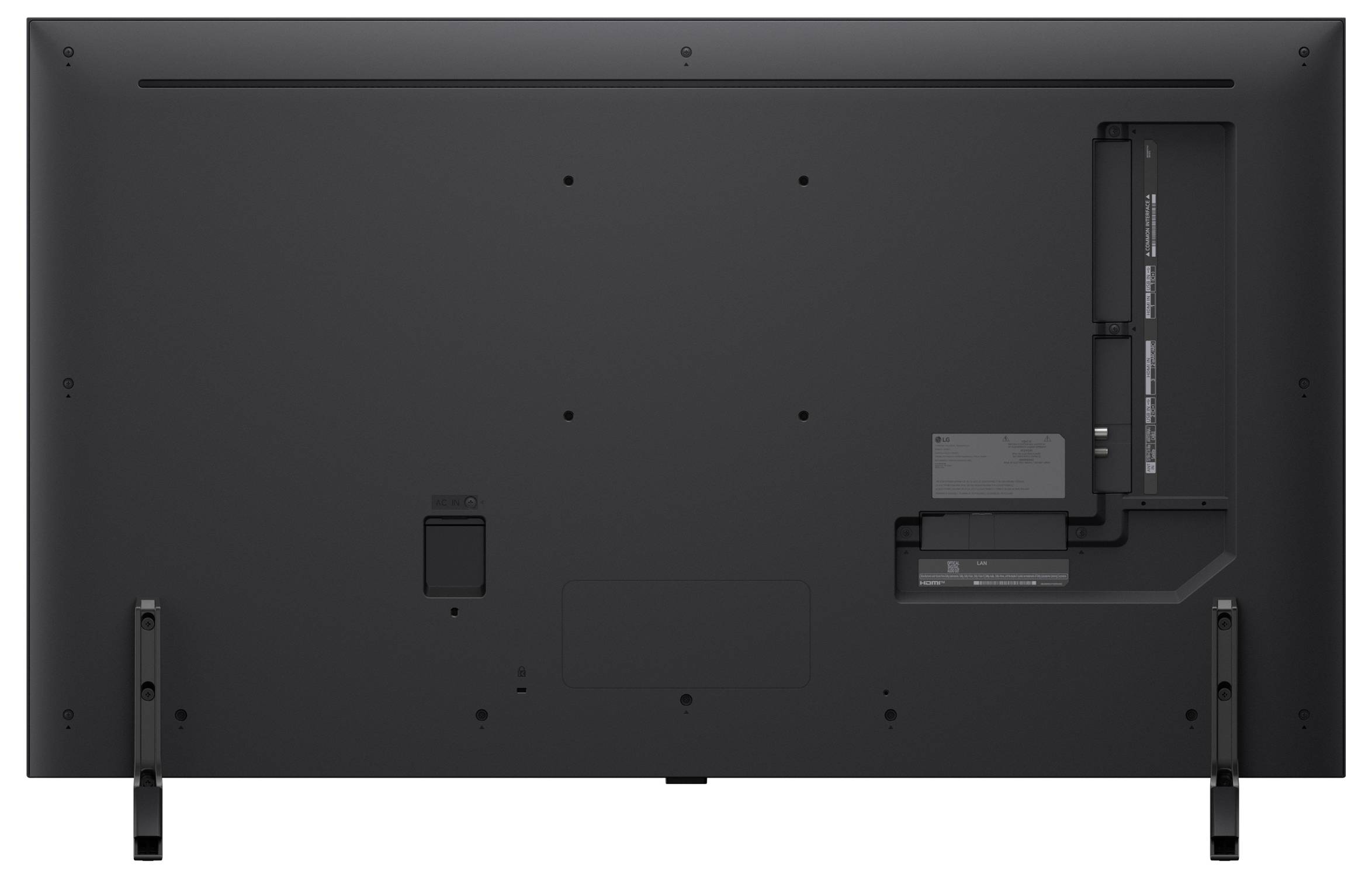 Rückansicht eines großen Flachbildfernsehers mit Anschlüssen und Montagebügeln.