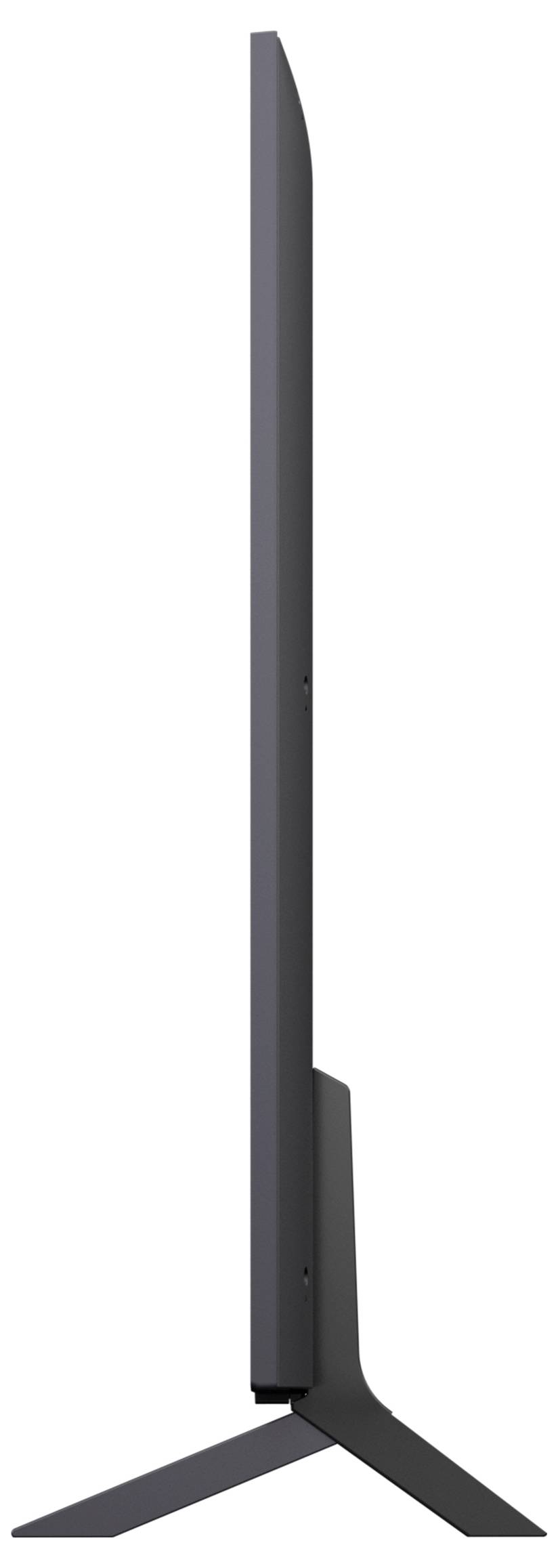 Eine Seitenansicht eines schlanken Flachbildschirm-Fernsehers, die sein dünnes Design und den eleganten Ständer veranschaulicht.