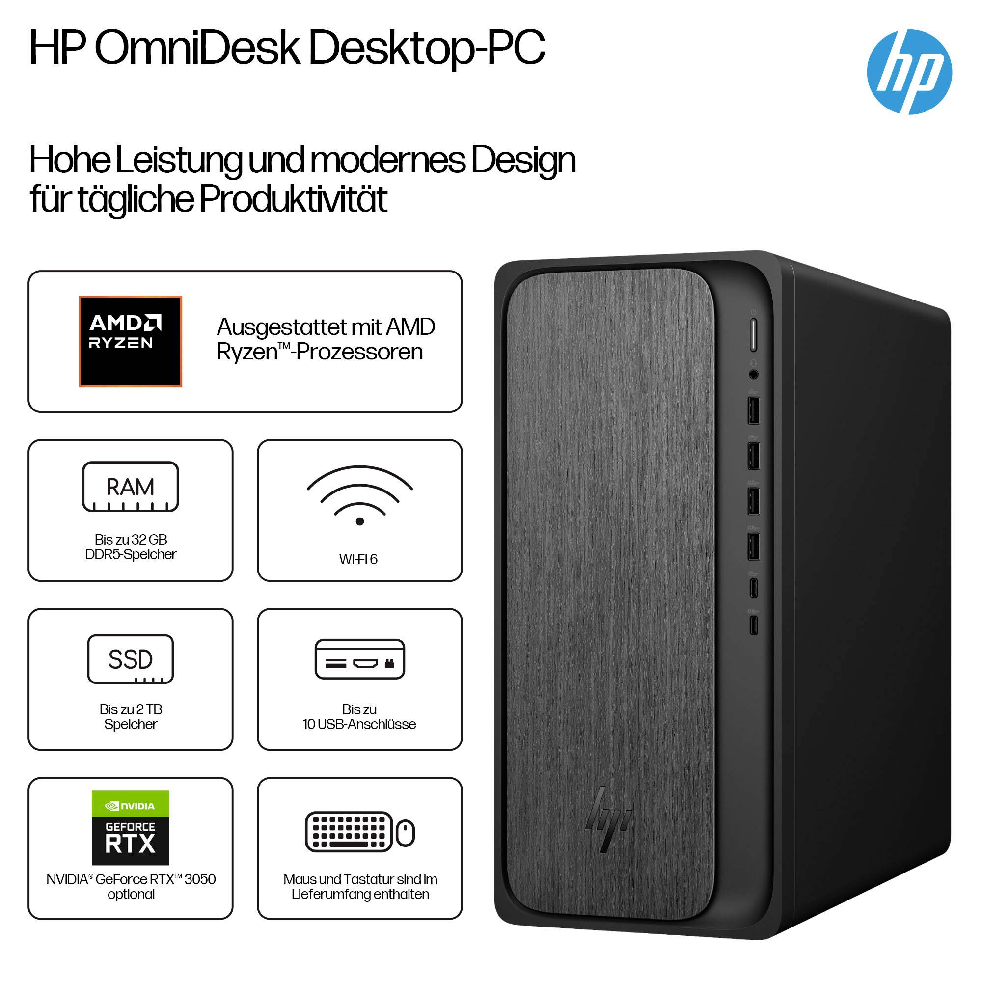 HP Desktop PC M02-0072ng R7-8700G AMD Ryzen 7 8700G 5.1 GHz 16 GB RAM 1 TB SSD AMD AMD Radeon™-Grafikeinheit BA2V1EA#ABD