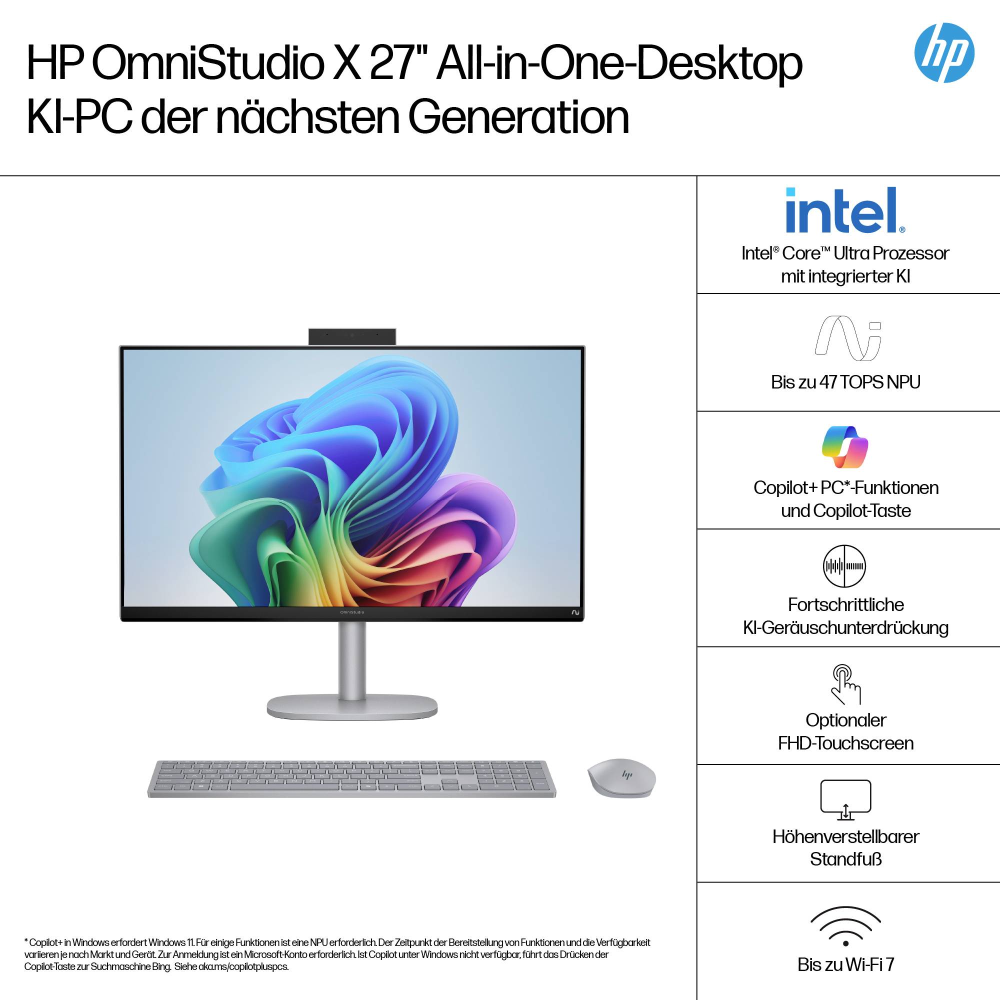 HP All-in-One PC X 27-cs1075ng Silver (P) 68.6 cm (27 Zoll) Full HD Intel® Core™ Ultra 7 256V 4.8 GHz 16 GB RAM 1 TB SSD Intel Intel® Arc™ Gra