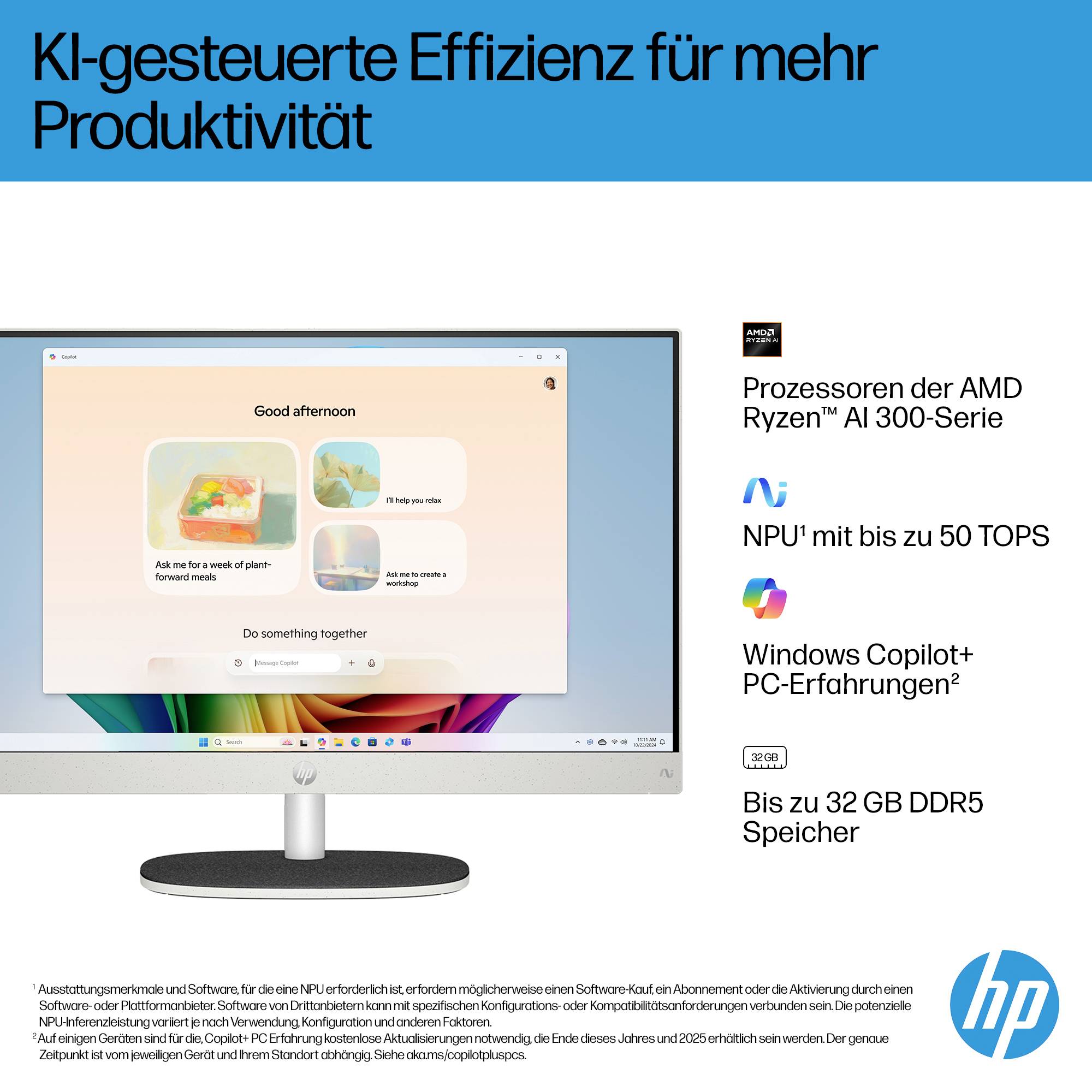 HP All-in-One PC 24-ct2054ng Shell White (P) 60.5 cm (23.8 Zoll) Full HD AMD Ryzen AI 5 340 4.8 GHz 16 GB RAM 1 TB SSD AMD AMD Radeon™-Grafikeinhe